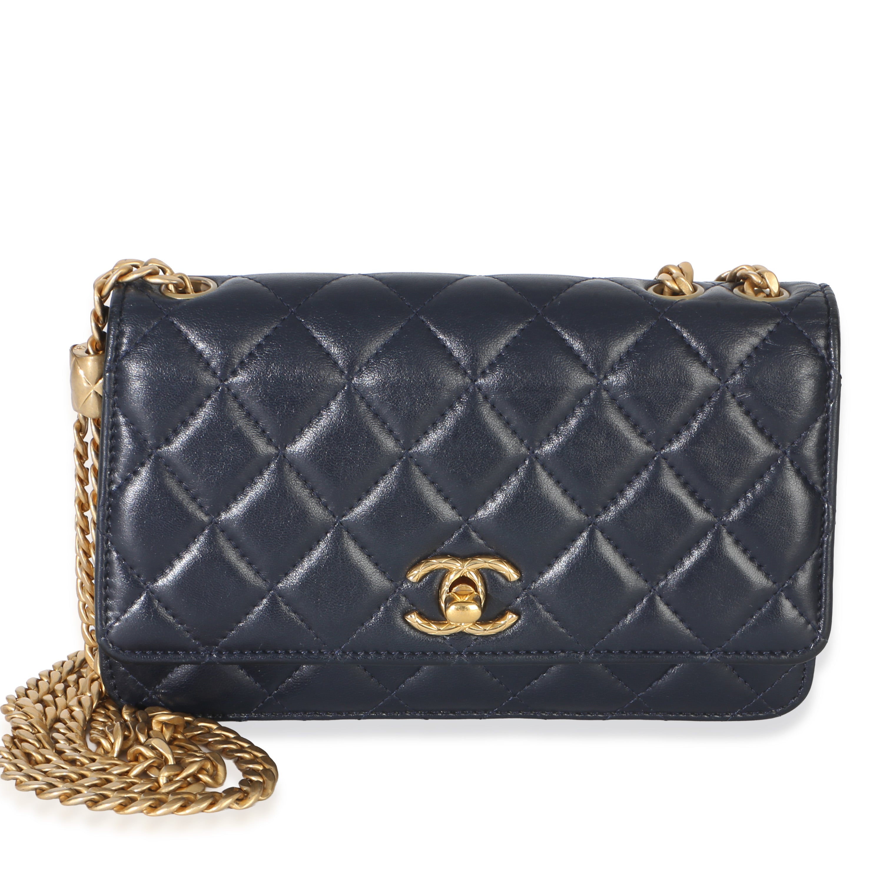 Blue Quilted Lambskin All Slide Long Wallet On Chain