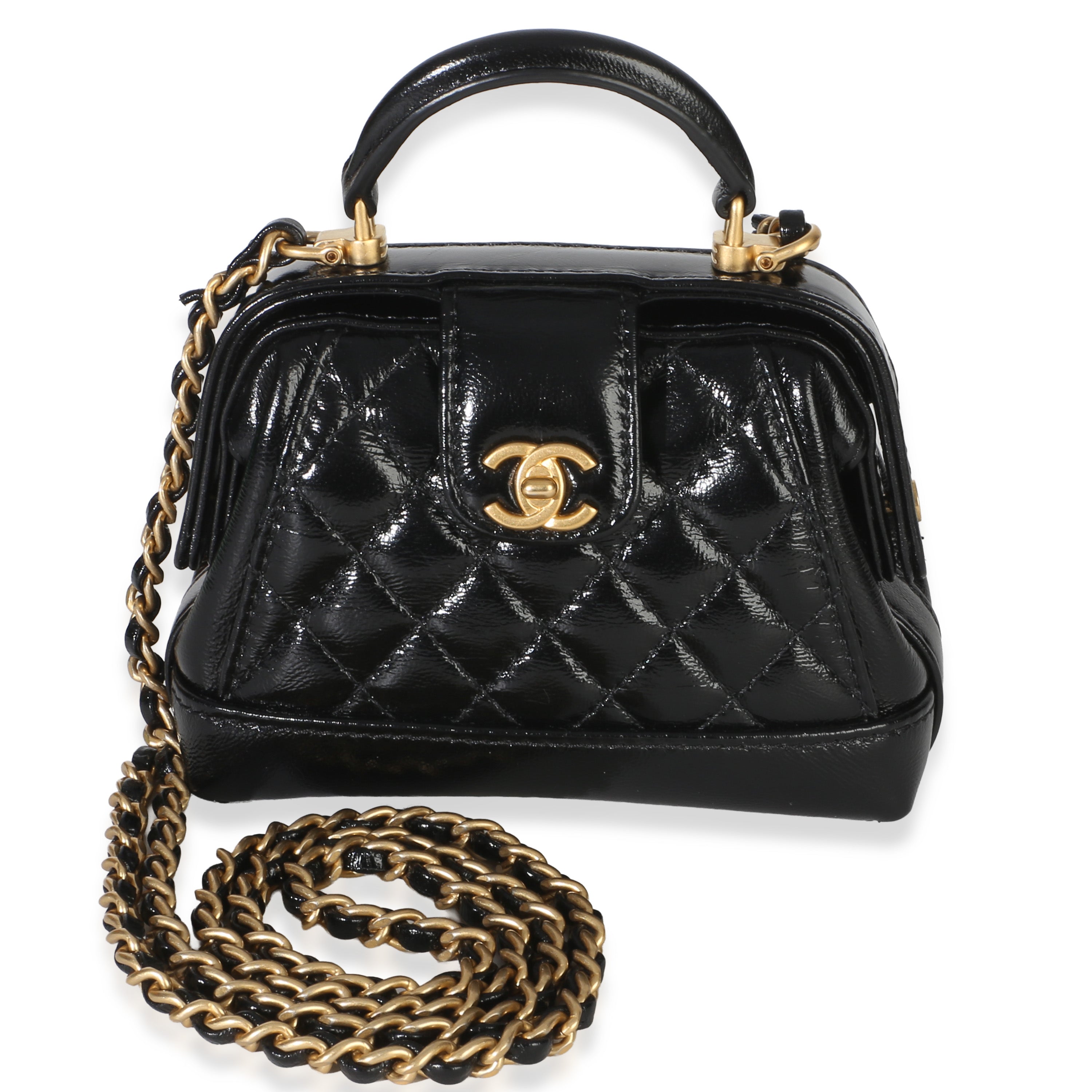 Black Quilted Shiny Lambskin Nano Cocodoc Clutch With Chain