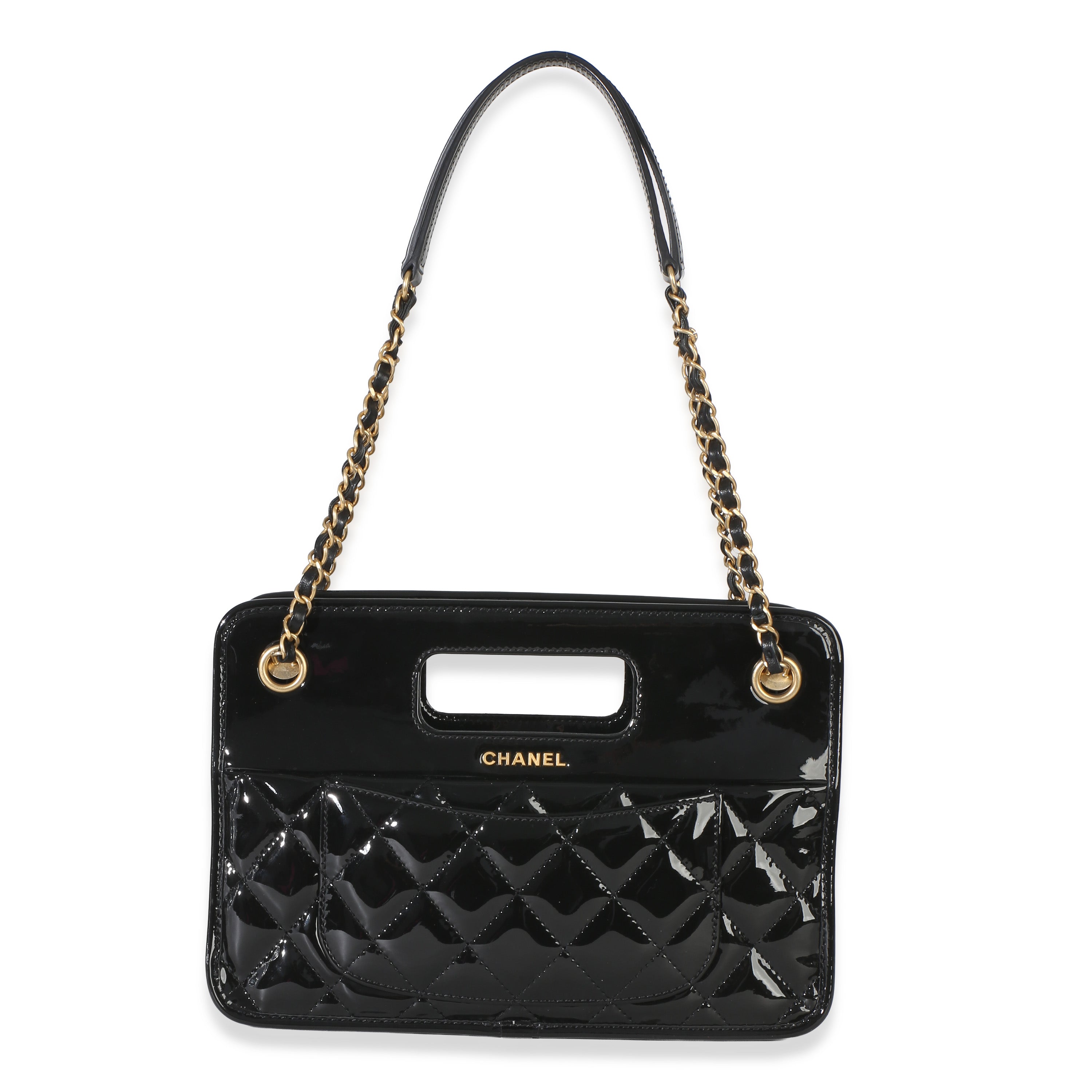 Black Quilted Patent Graphic Catch Small Shopping Bag