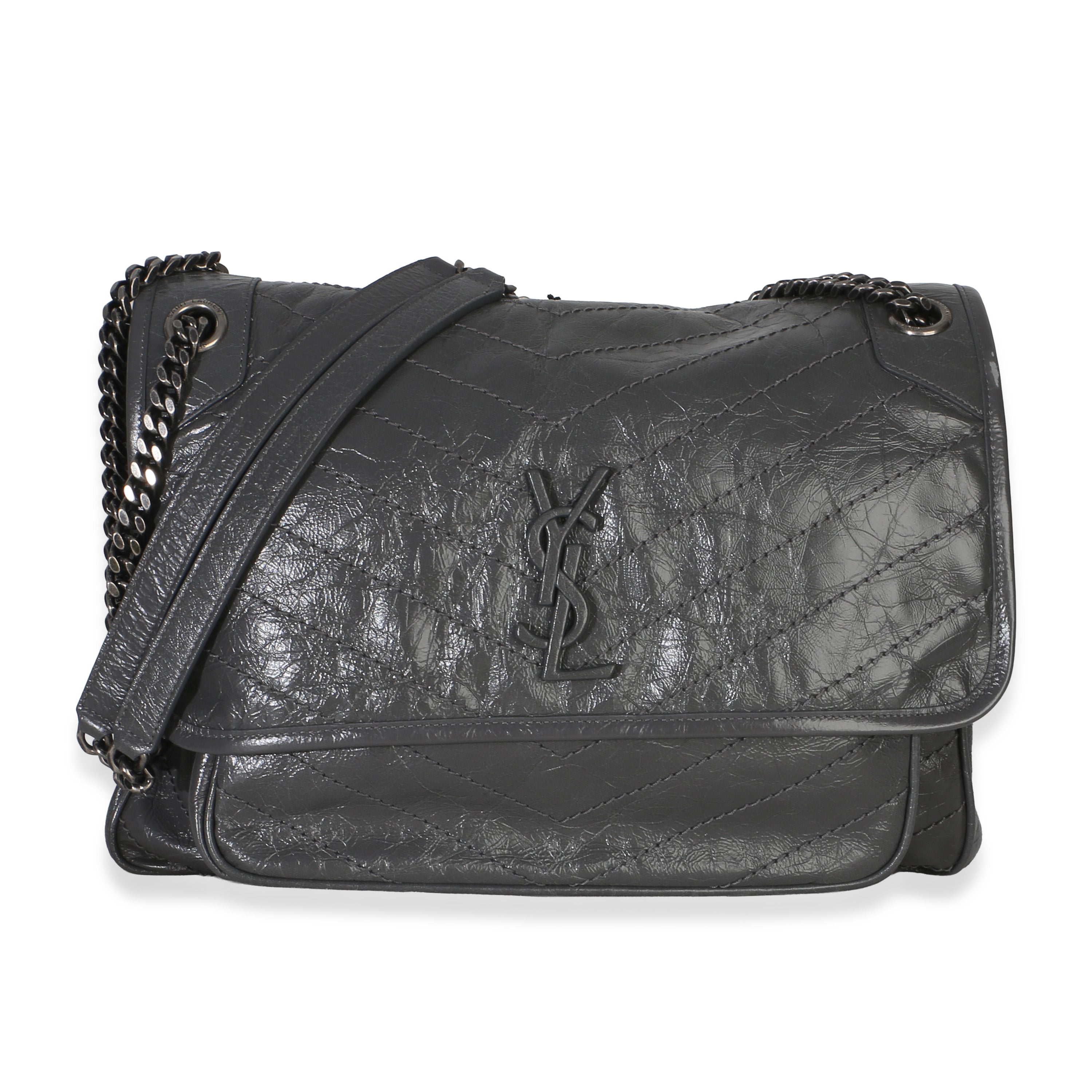 Grey Crinkled Calfskin Matelasse Large Niki Chain Satchel