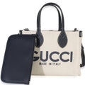 Navy Canvas Calfskin Logo Print Mini Tote