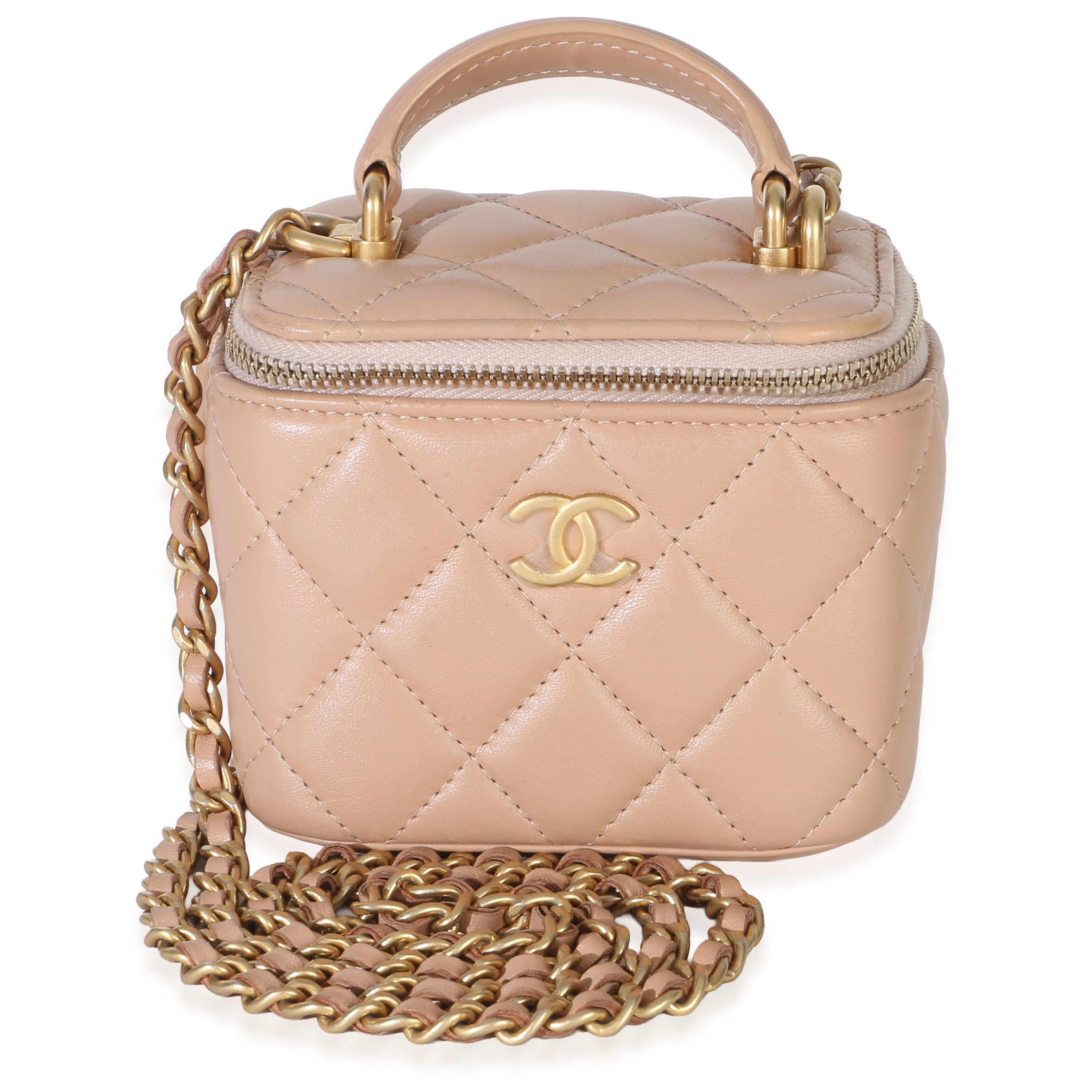 Beige Quilted Lambskin Mini Vanity Case With Chain