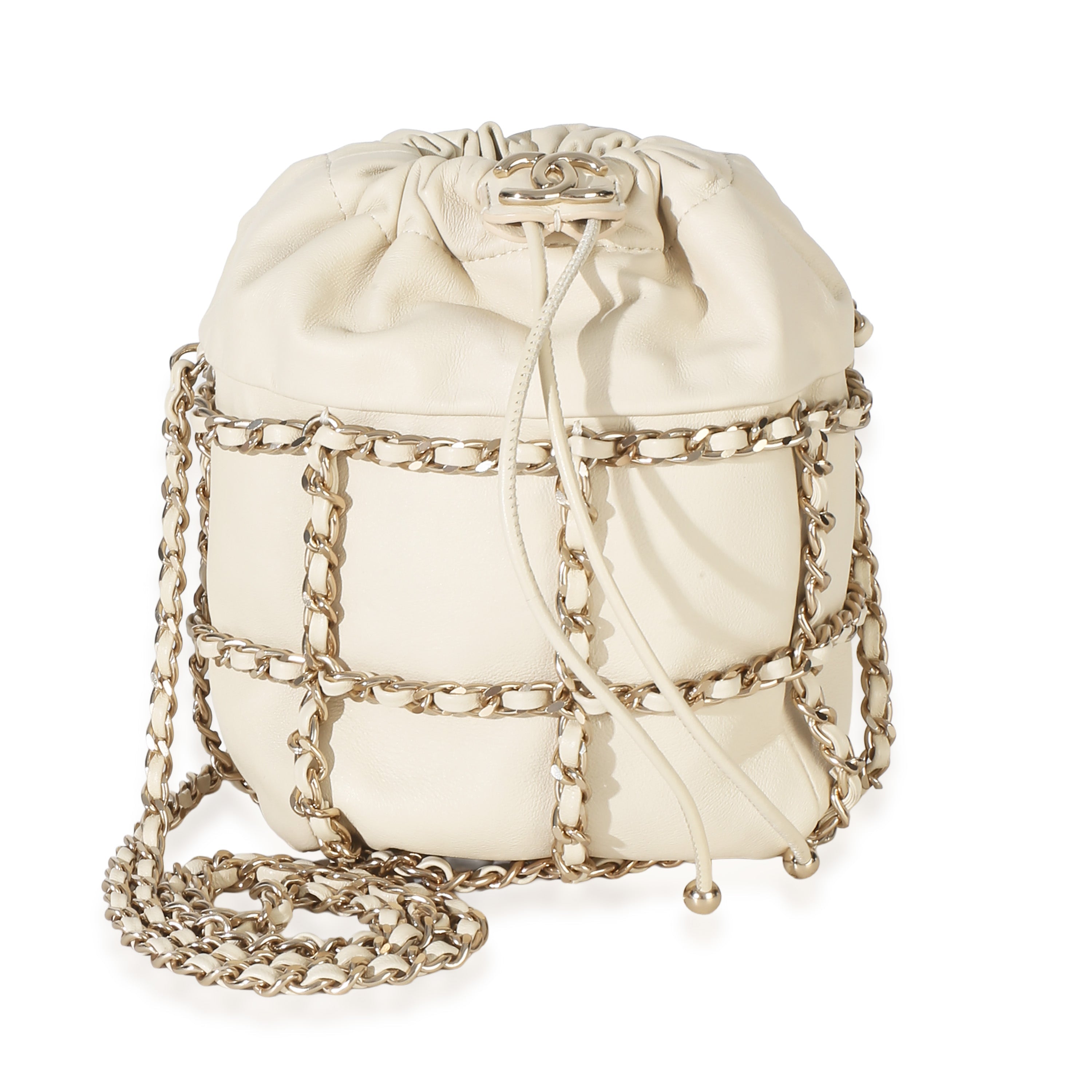 White Lambskin Chain Frame Drawstring Bucket Bag