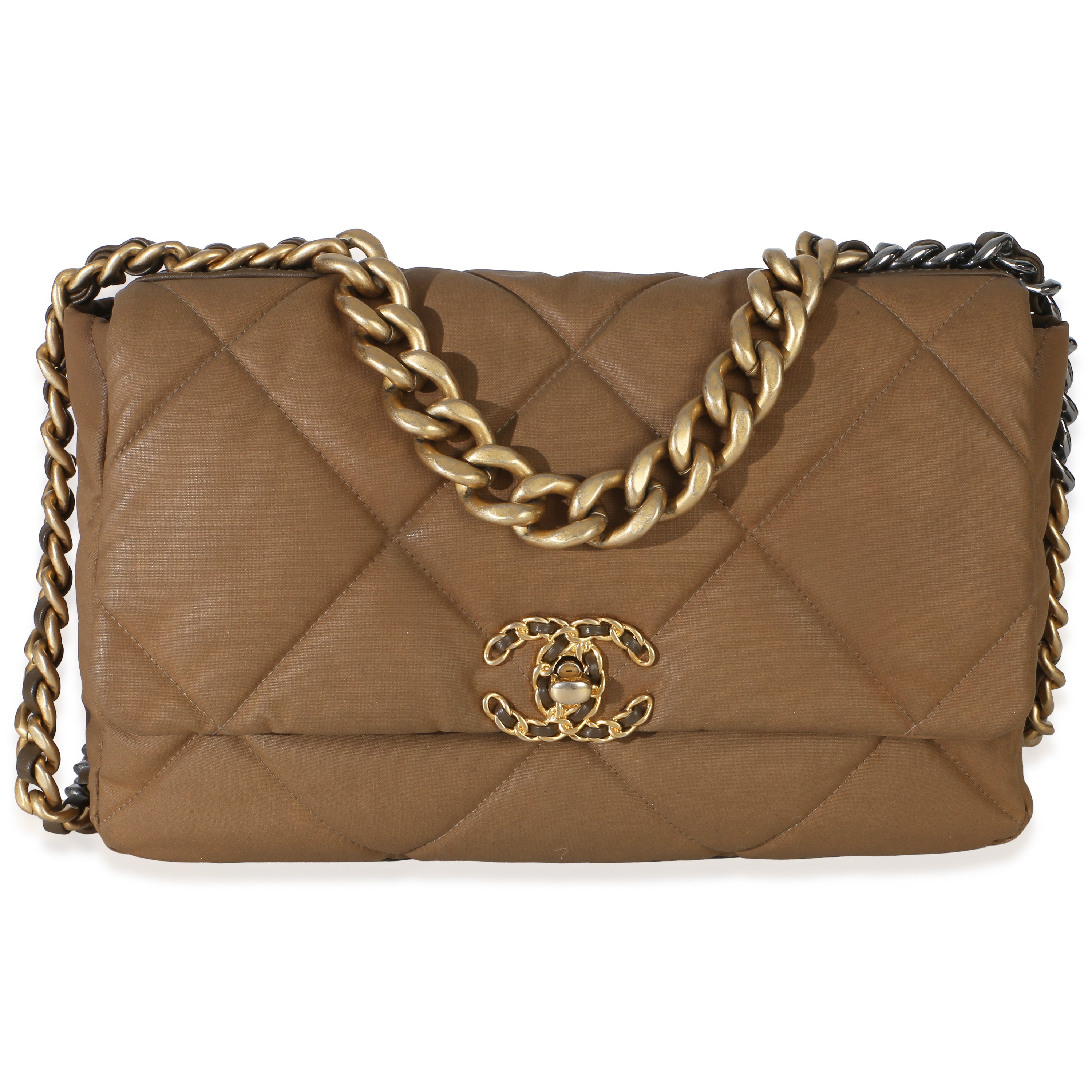 Brown Quilted Canvas Large Chanel 19 Flap Bag