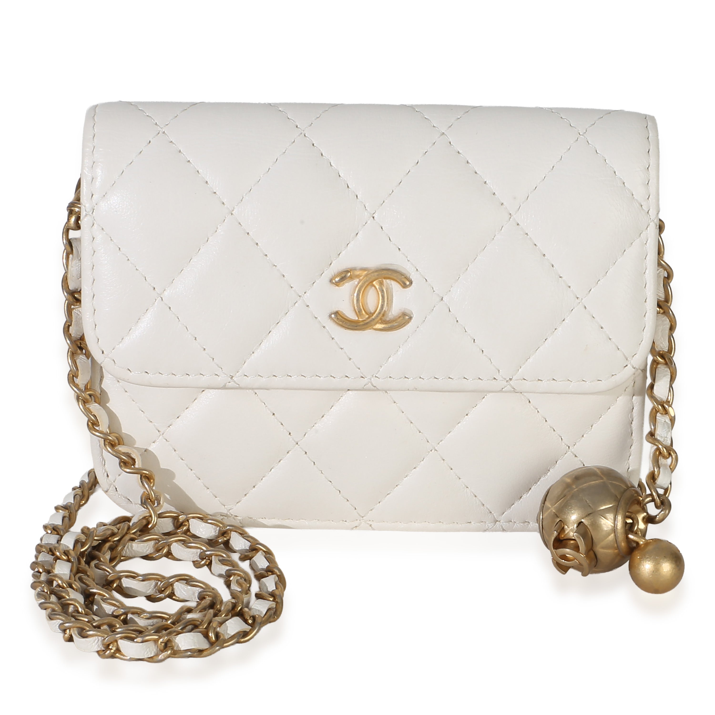 White Quilted Lambskin Pearl Crush Clutch With Chain
