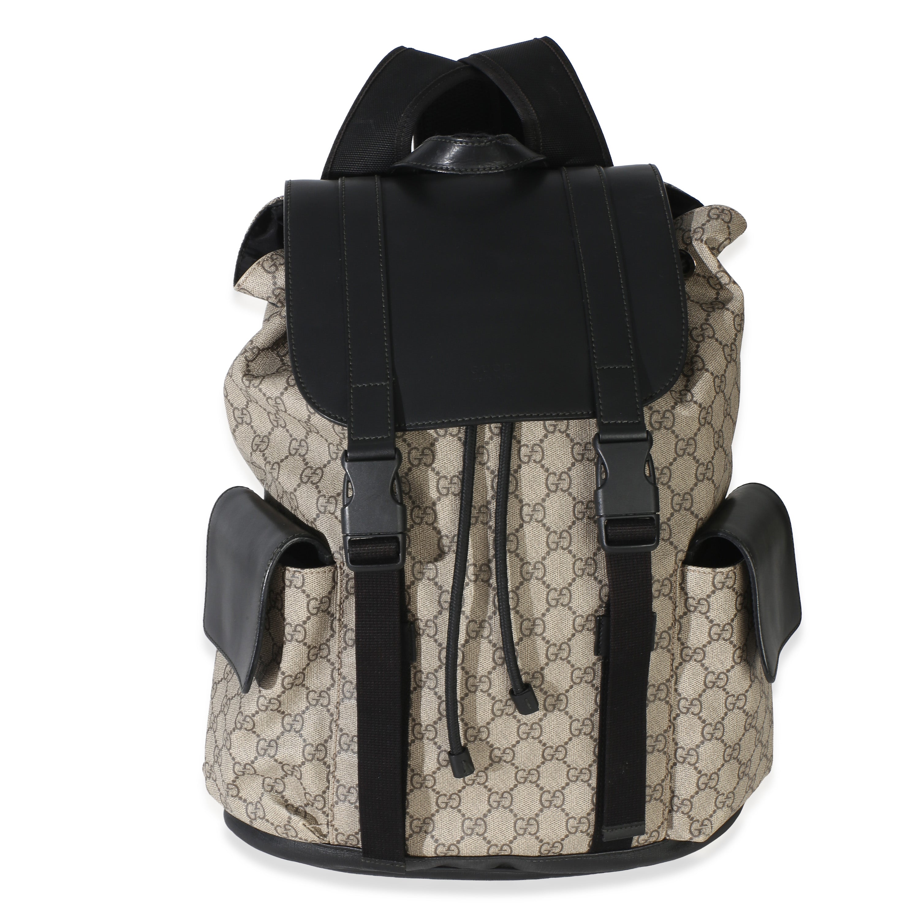 Beige Black GG Supreme Canvas Double Buckle Backpack