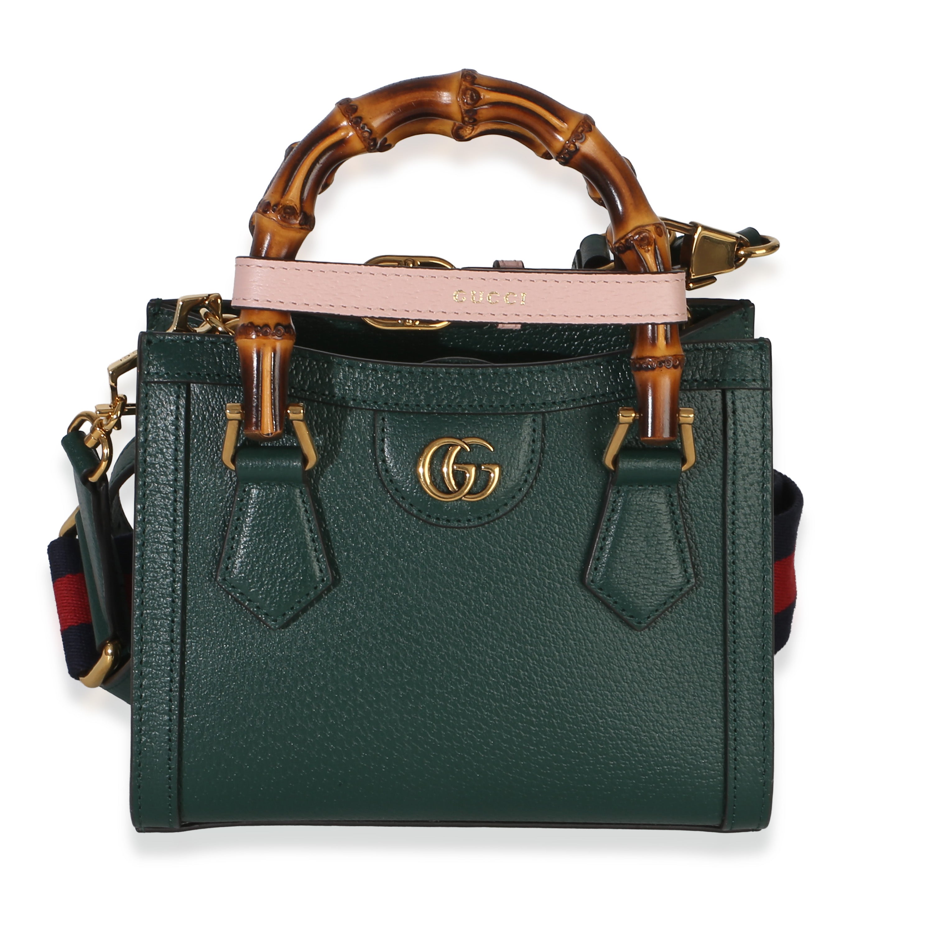 Dark Green Textured Dollar Calfskin Mini Diana Bamboo Top Handle Bag