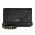 Black Camellia Lambskin Wallet on Chain