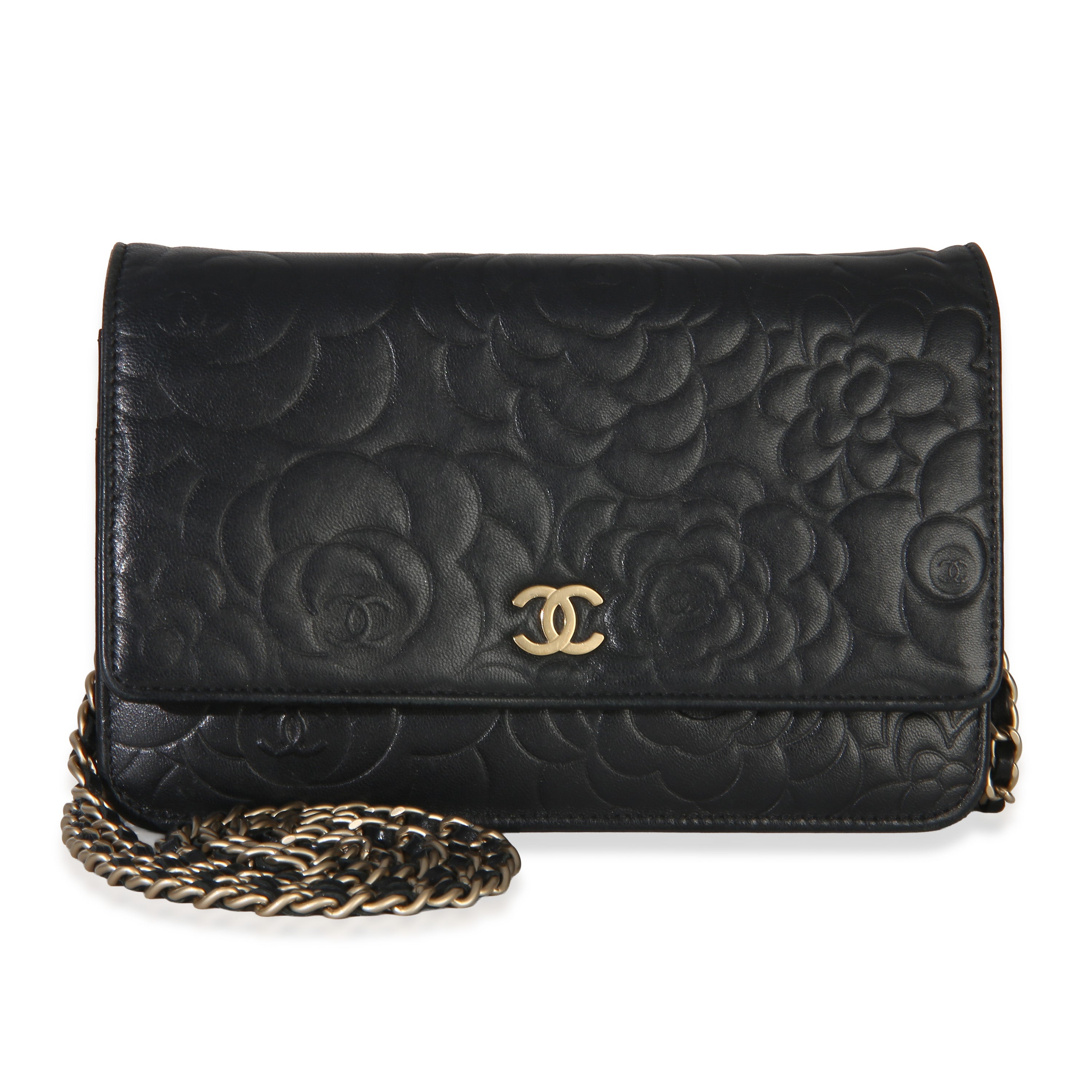 Black Camellia Lambskin Wallet on Chain