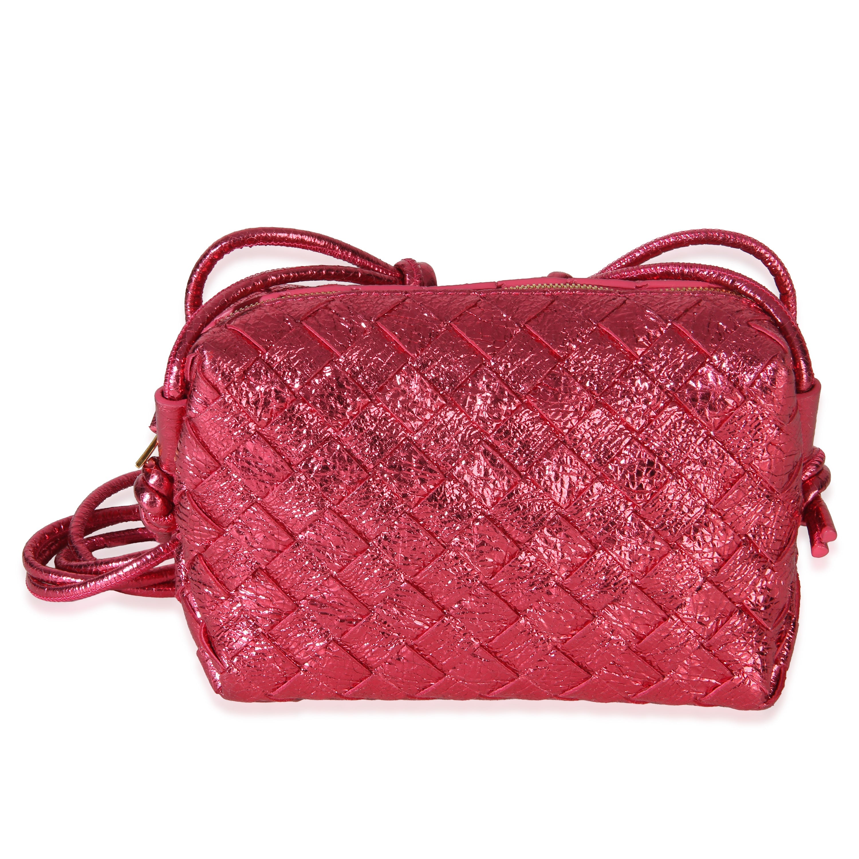 Pink Intrecciato Nappa Foil Mini Loop Camera Crossbody Bag