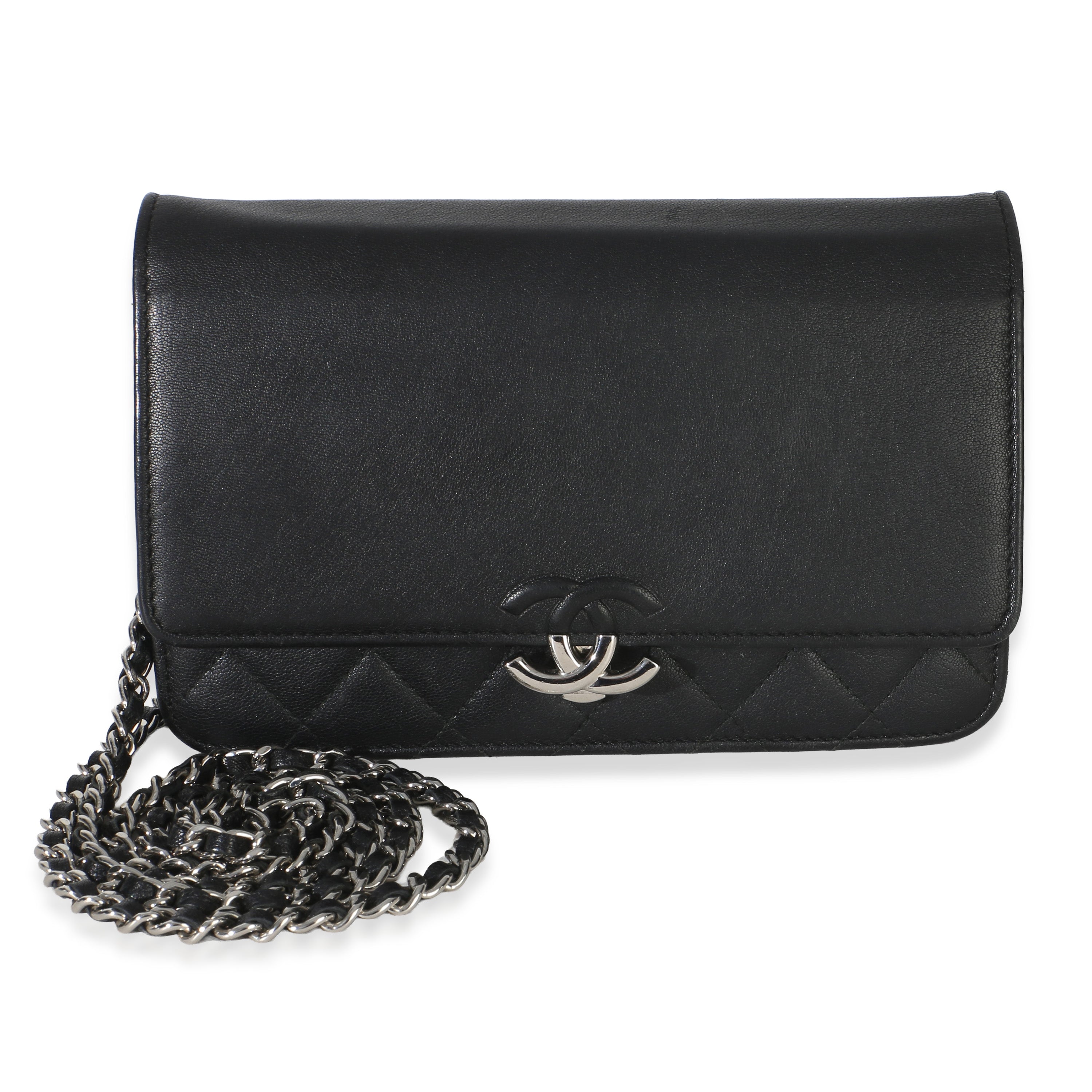 Black Quilted Grained Calfskin CC Box Wallet On Chain