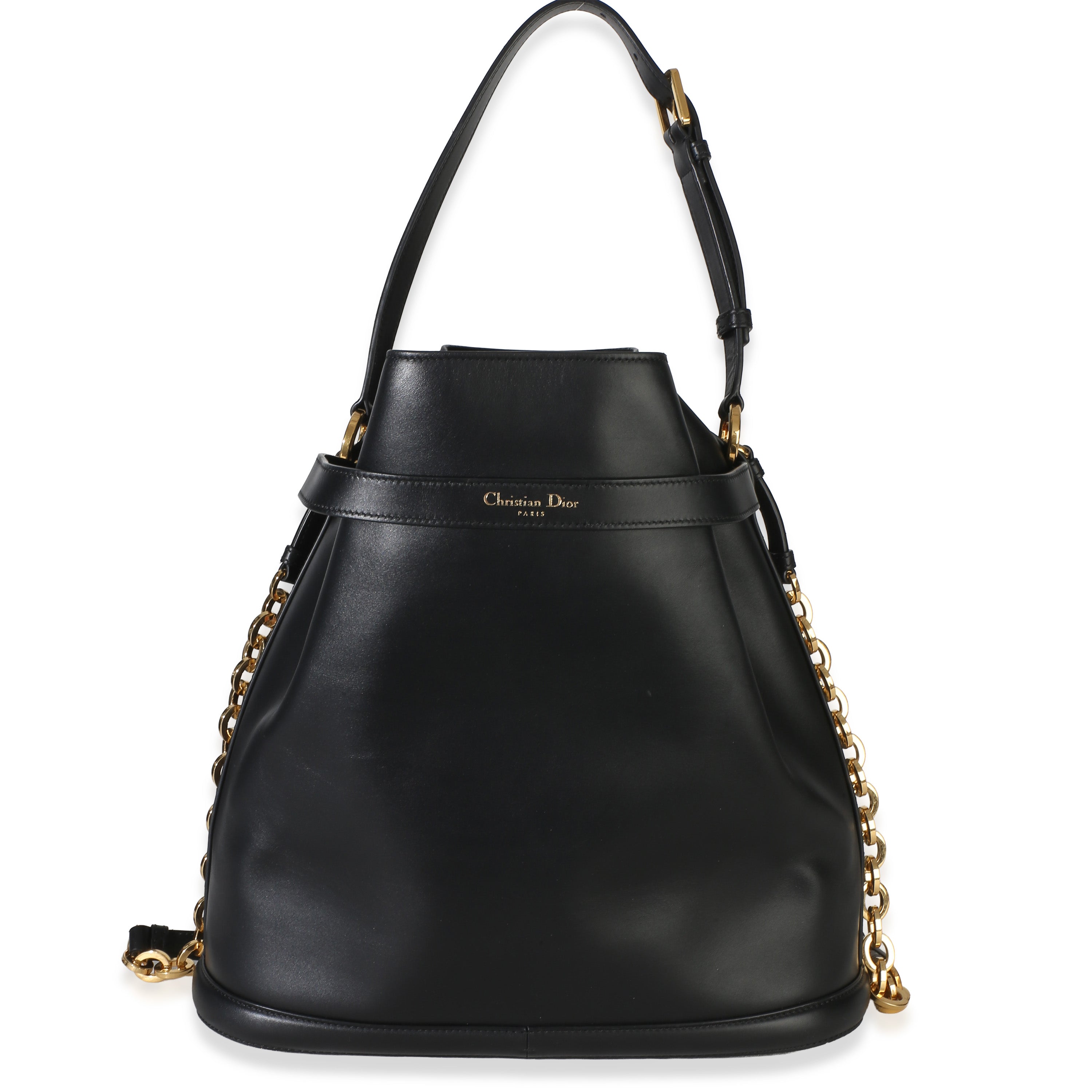 Black Calfskin CD Embossed Large Cest Chain Bucket Bag
