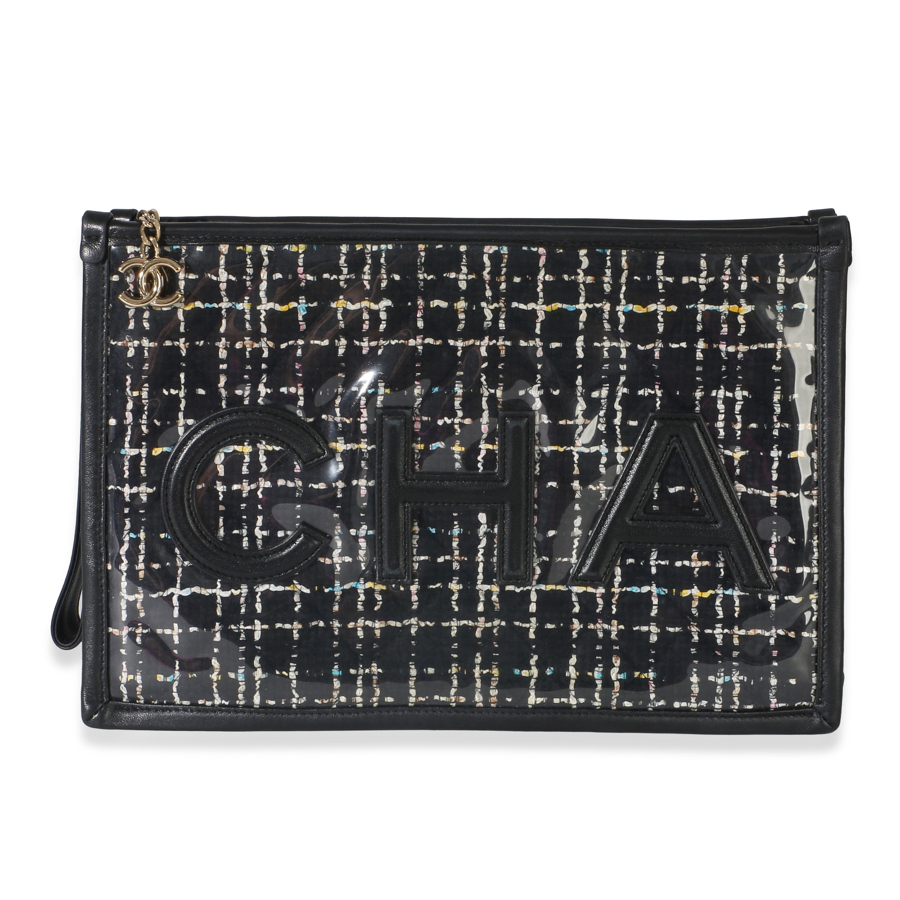 Black Tweed PVC Lambskin Logo Large Pouch