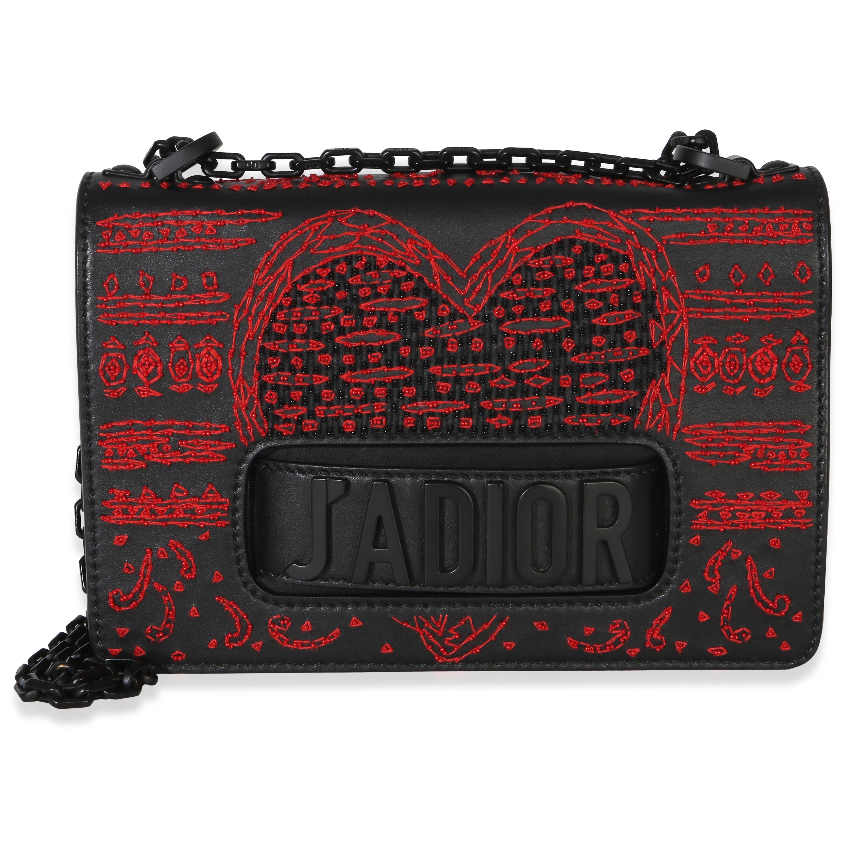 Black Red Embroidered Heart Clover Beaded JAdior Chain Flap Bag
