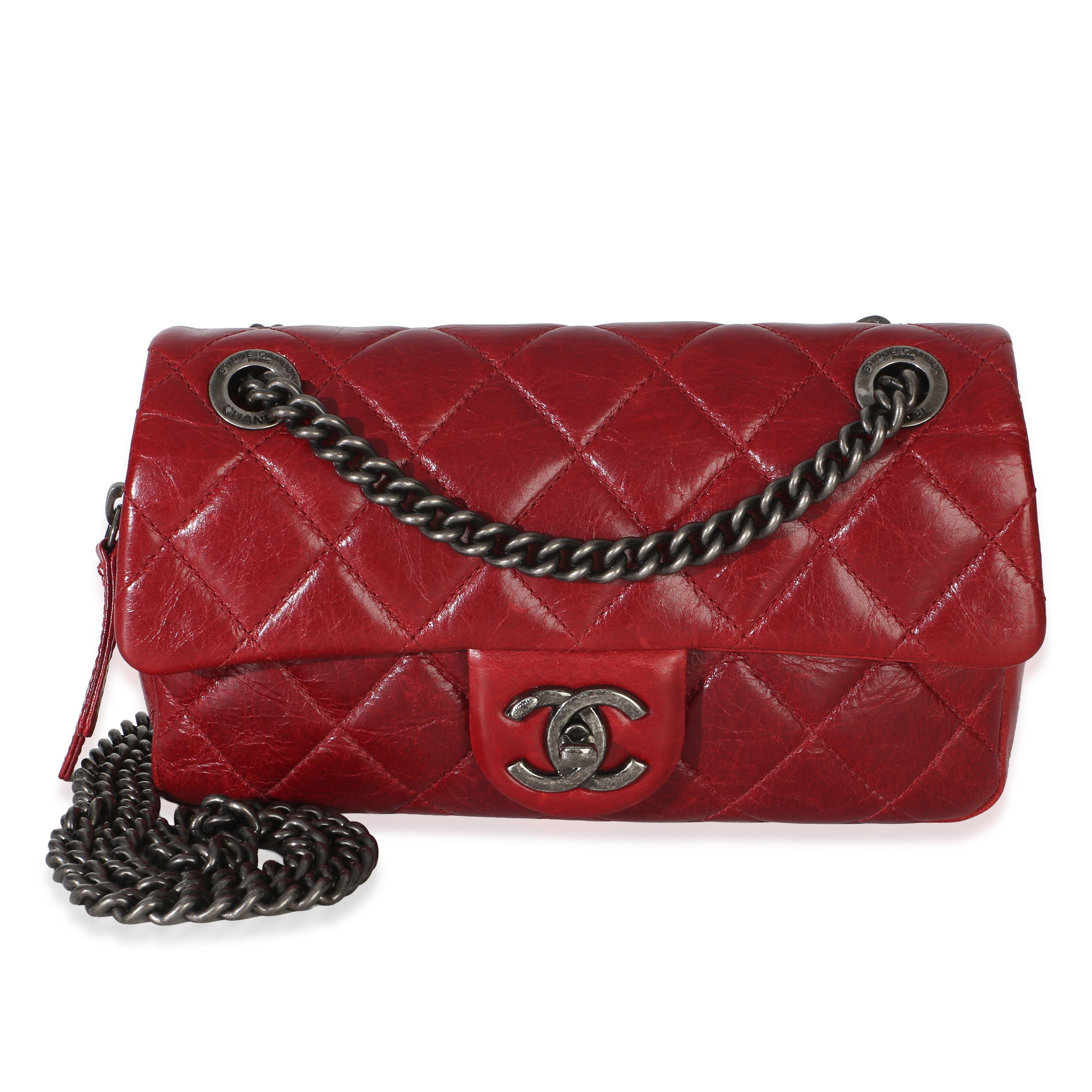 Red Quilted Glazed Calfskin Small Duo Color Flap Bag