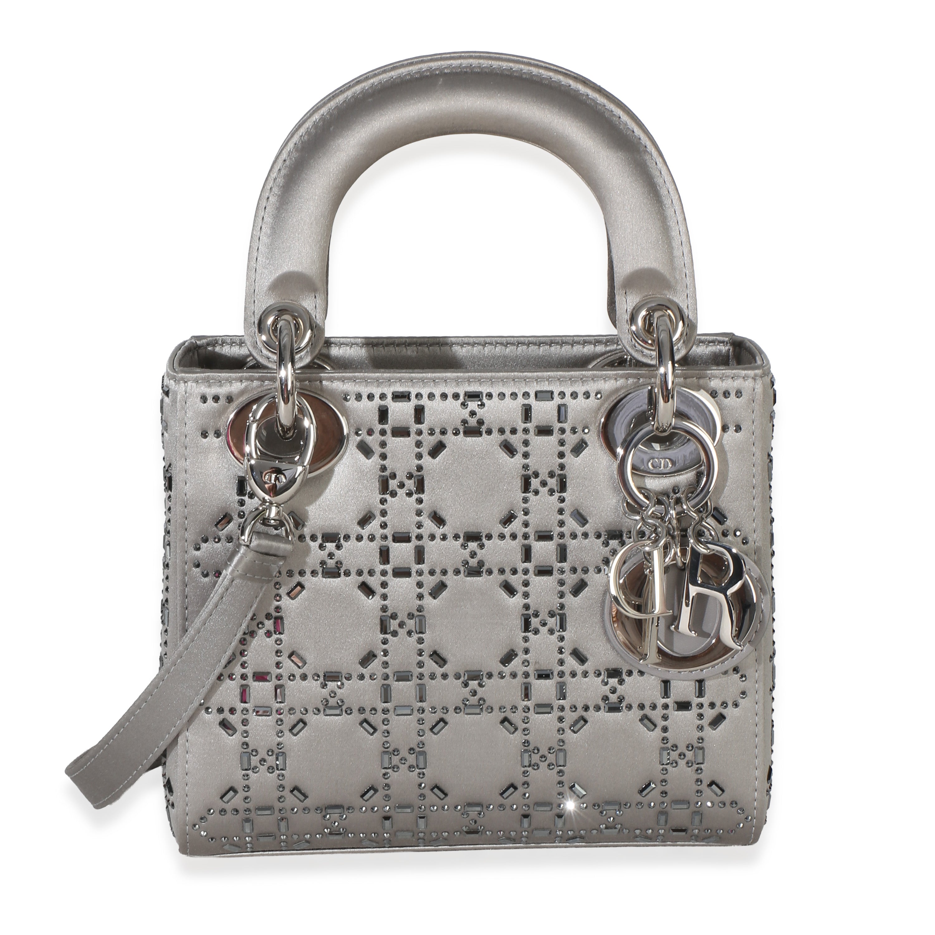 Grey Satin Crystal Cannage Mini Lady Dior Bag