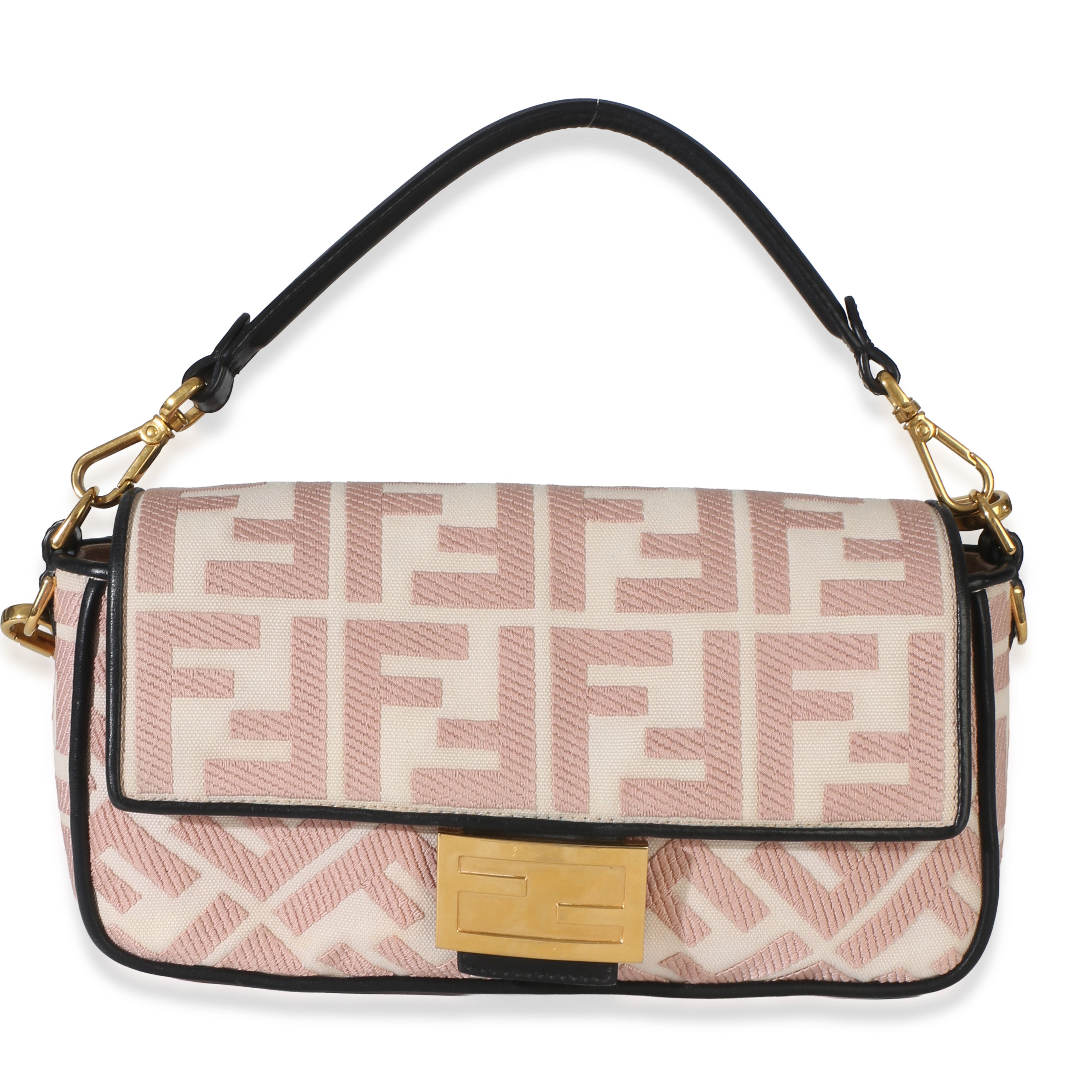 Pink Black FF Embroidery Canvas Medium Baguette Bag