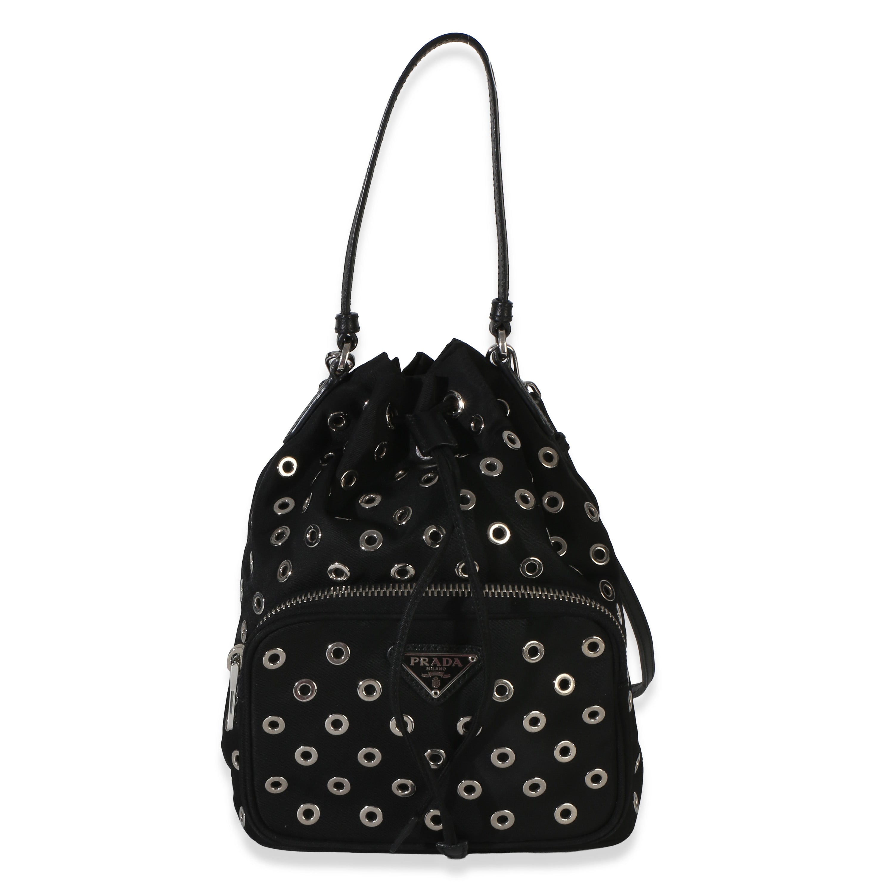 Black Tessuto Nylon Saffiano Grommet Mini Bucket Bag
