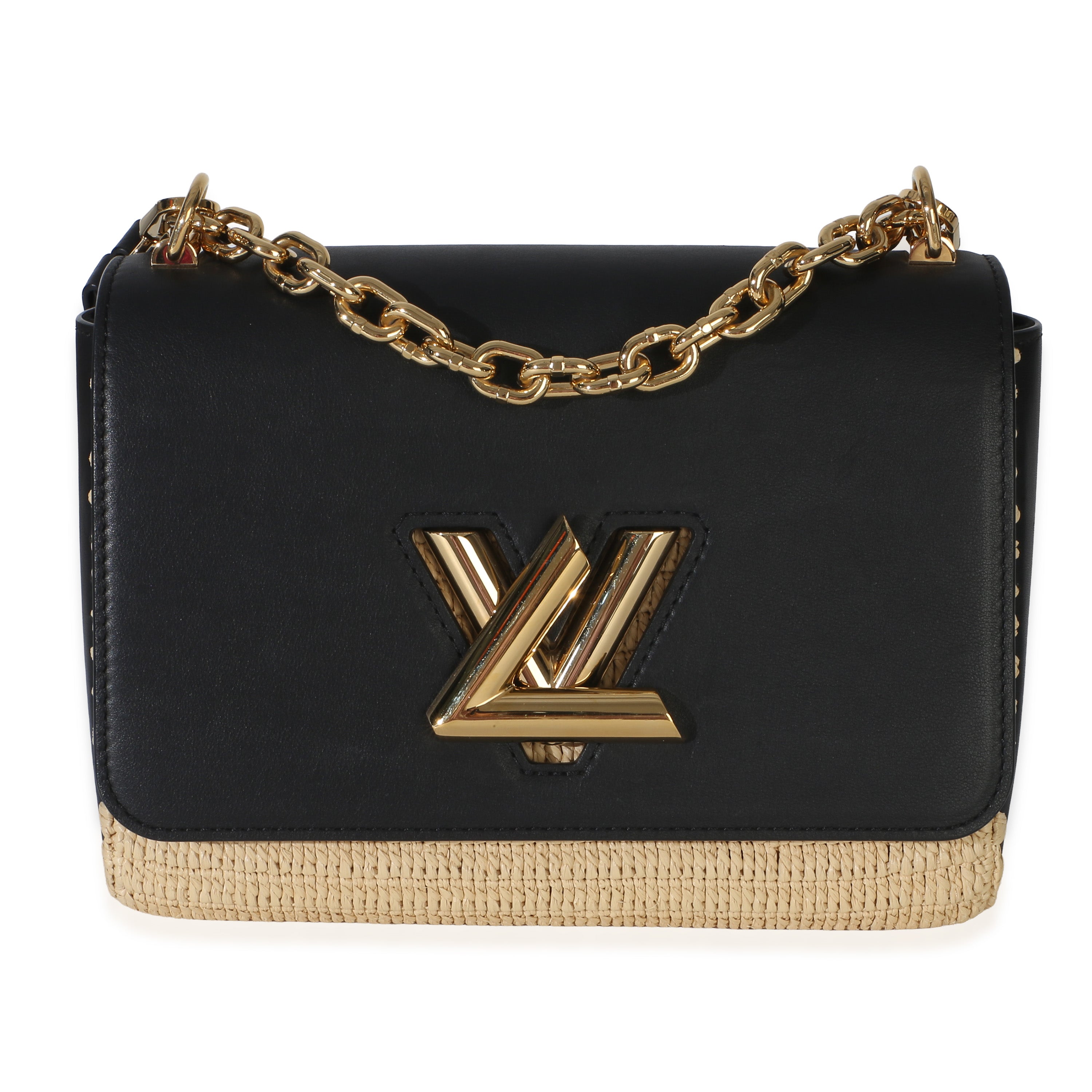 Black Calfskin Raffia Twist Shoulder Bag MM