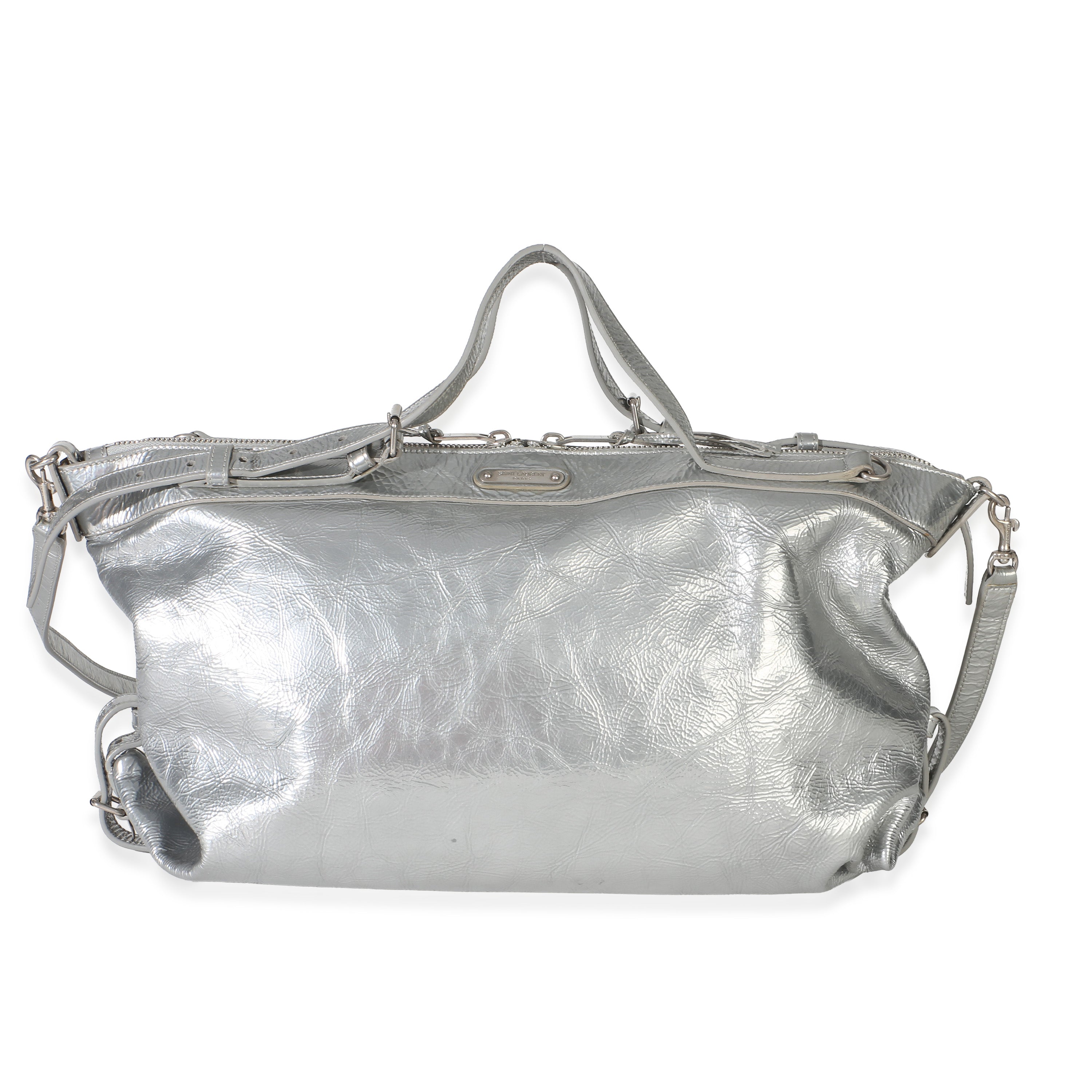 Silver Metallic Crinkled Calfskin Medium ID Shoulder Bag