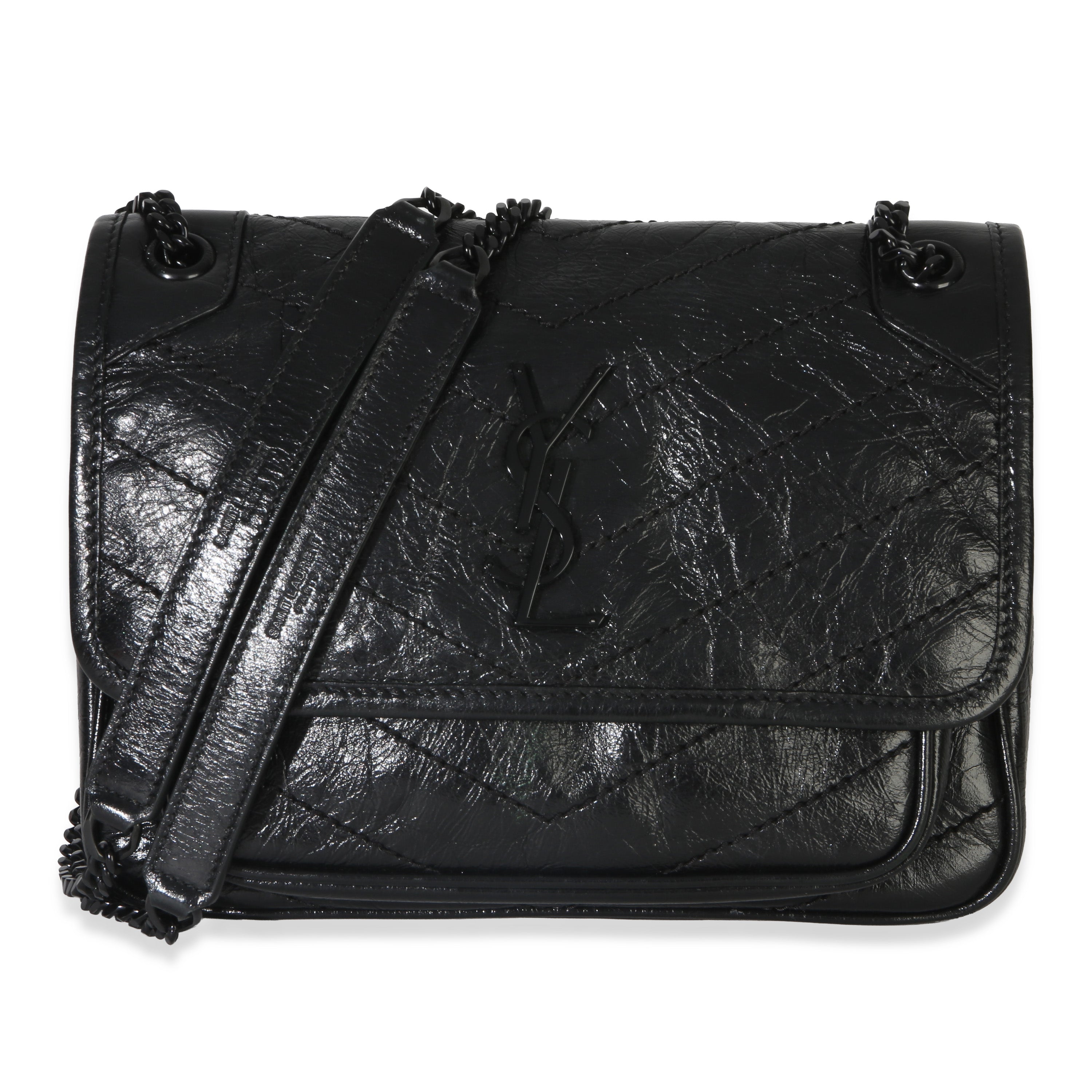 Black Crinkled Calfskin Matelasse Baby Niki Chain Satchel