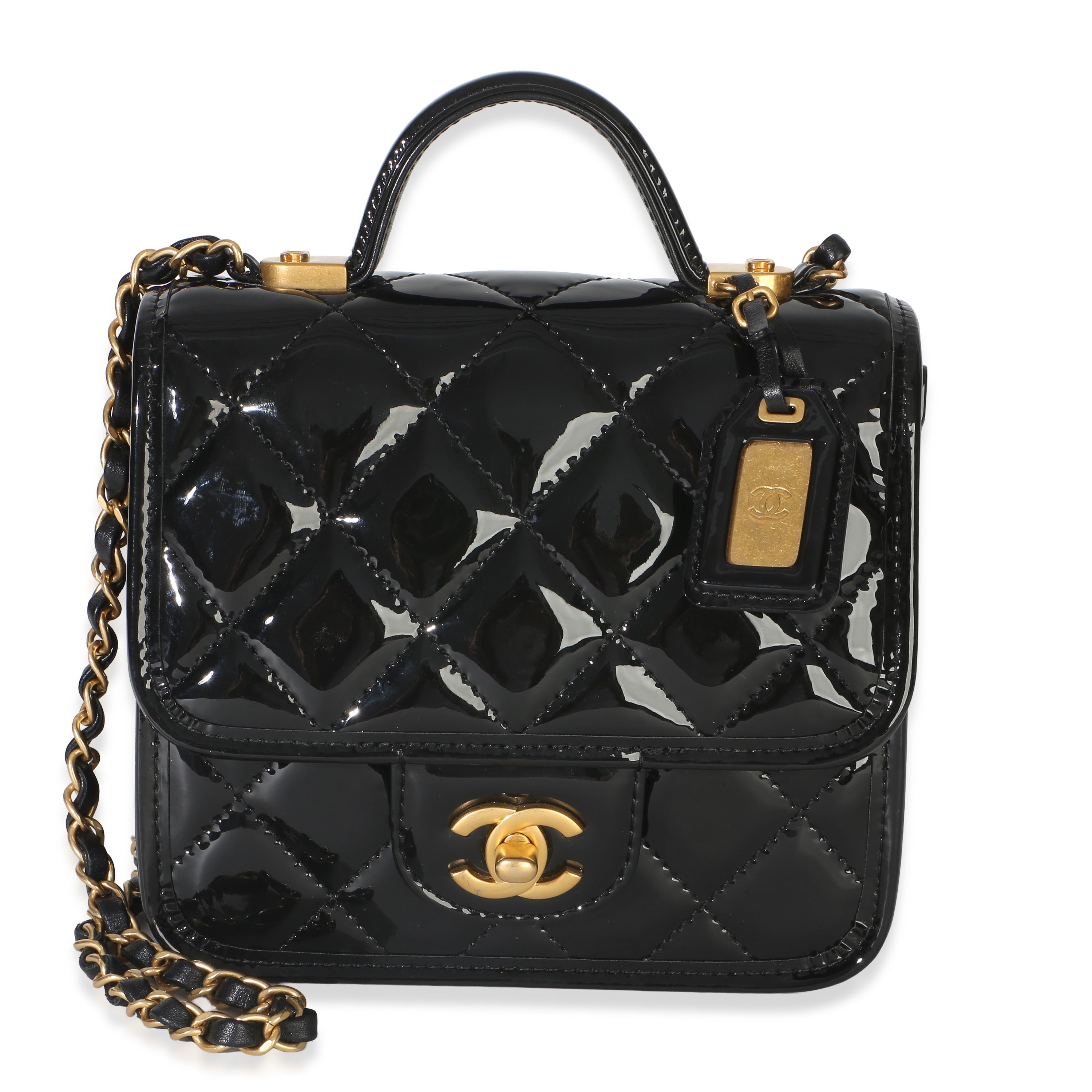 Black Quilted Patent School Memory Mini Top Handle Flap Bag