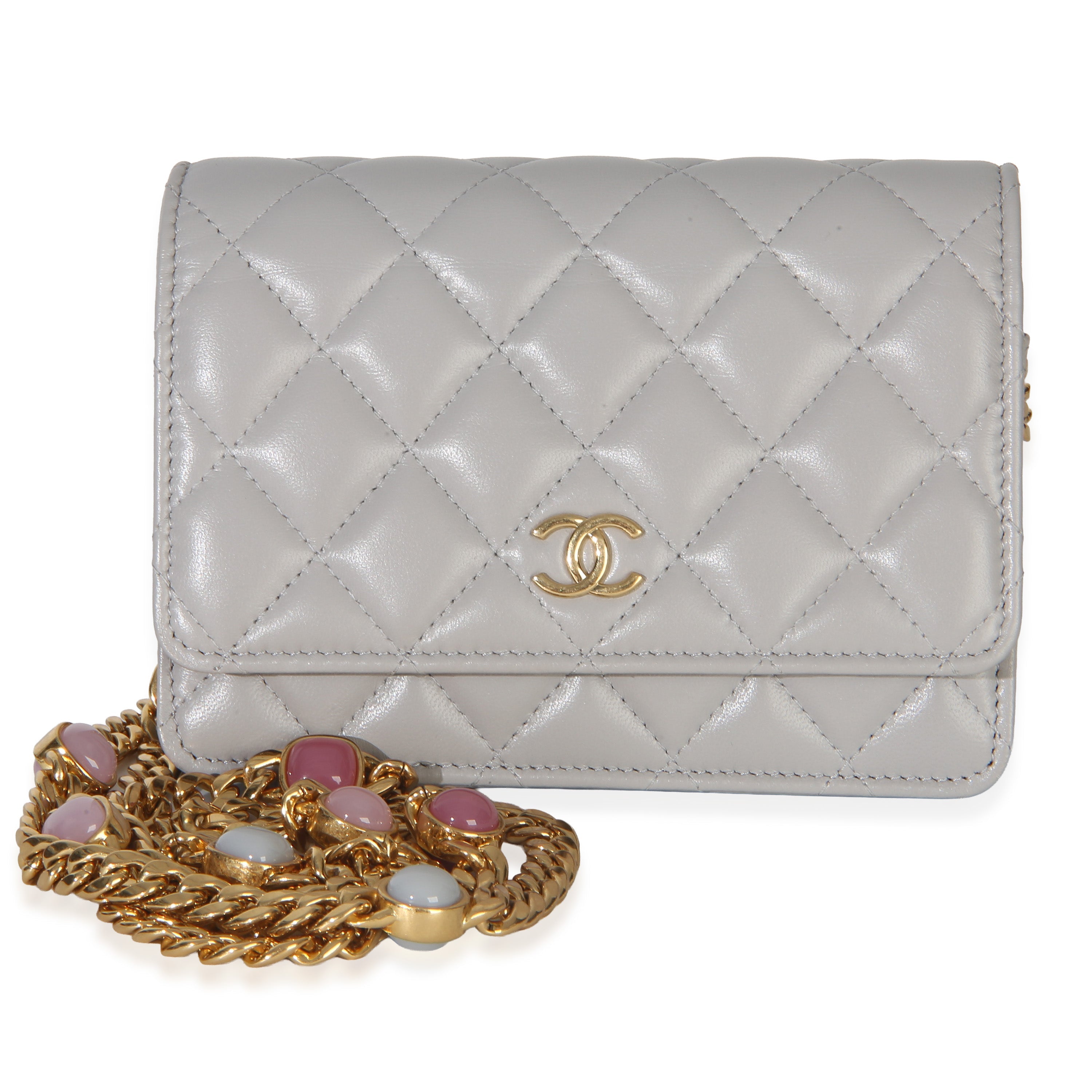 Grey Quilted Lambskin Jeweled Mini Wallet On Chain