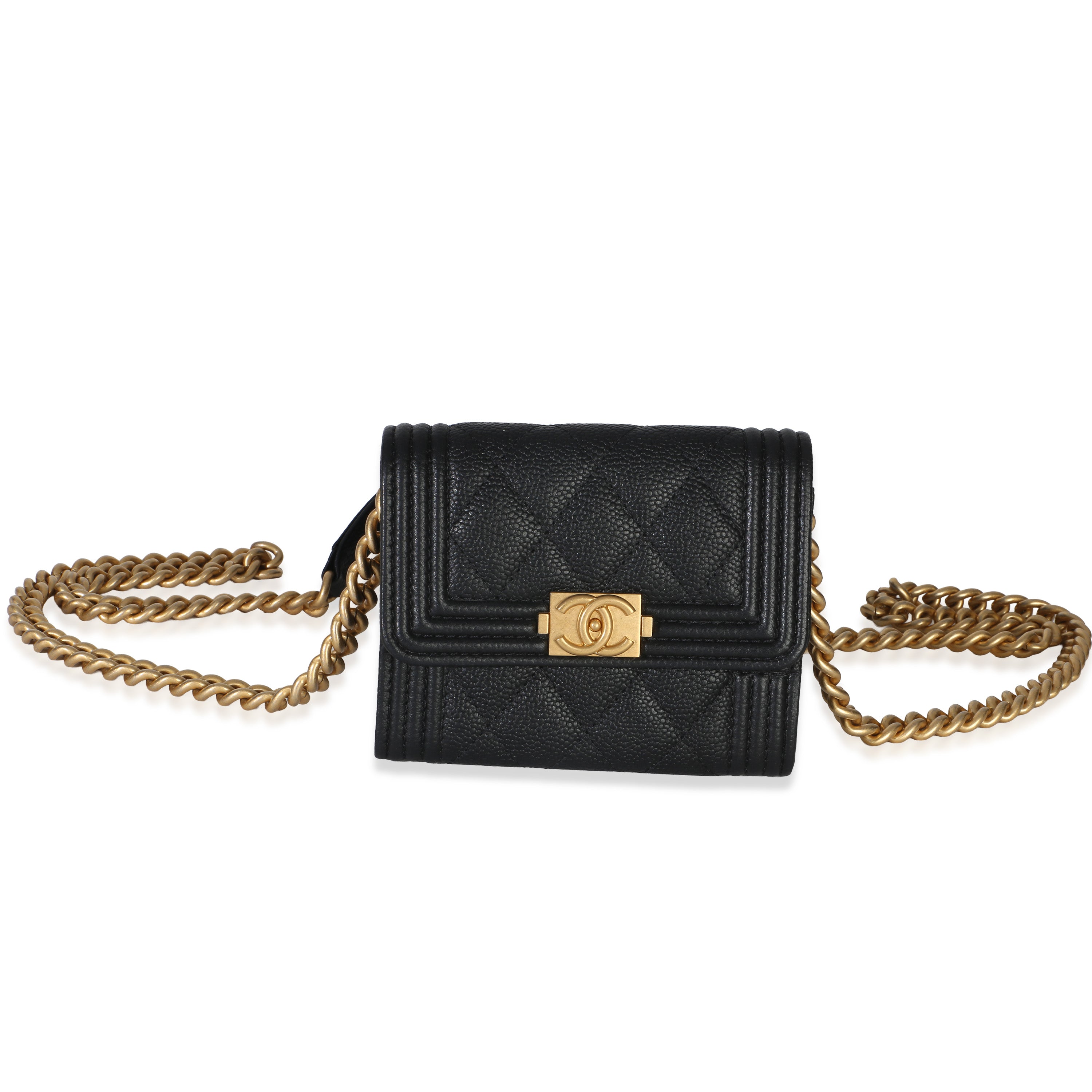 Black Quilted Caviar Boy Card Holder On Chain