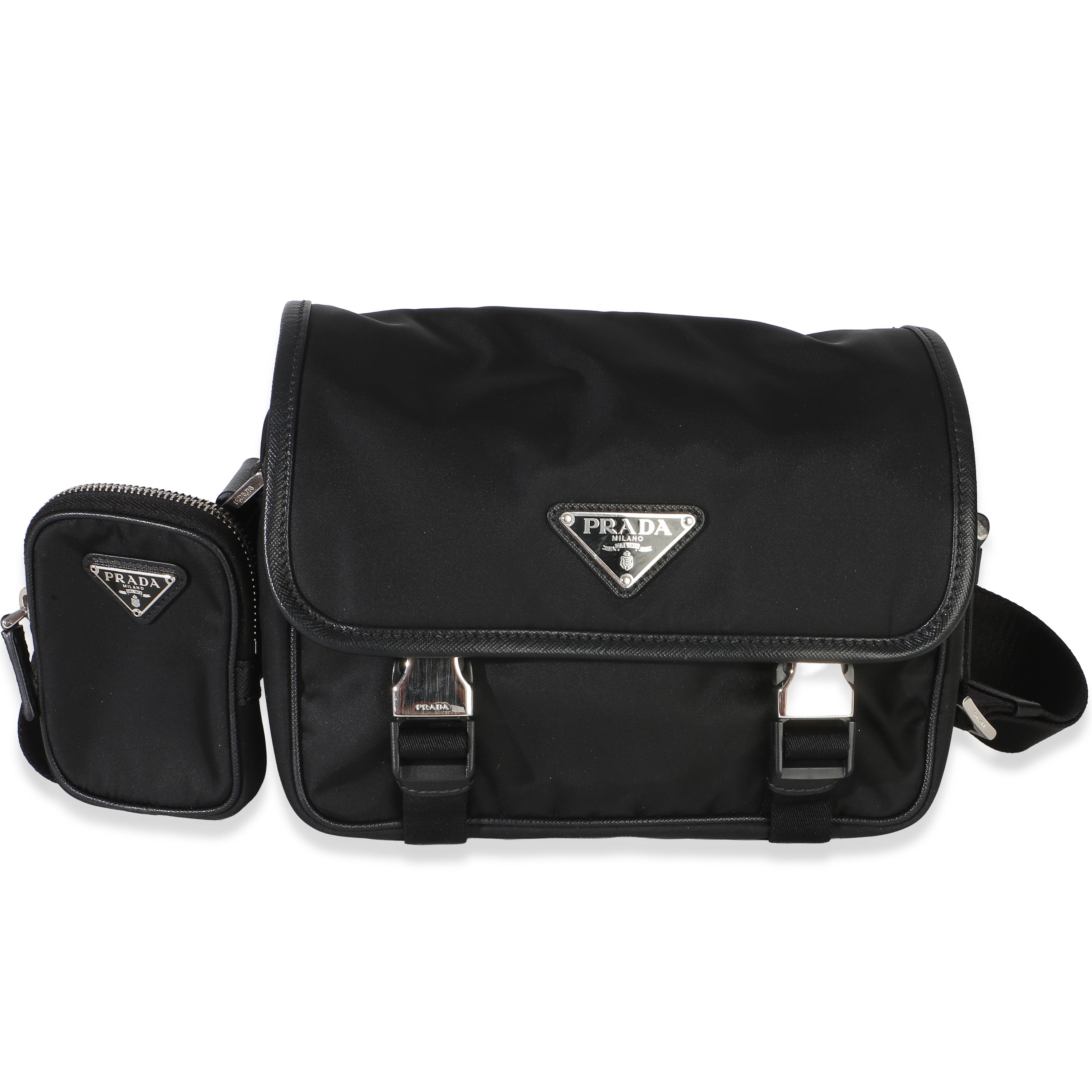 Black Tessuto Saffiano Double Buckle Messenger Bag