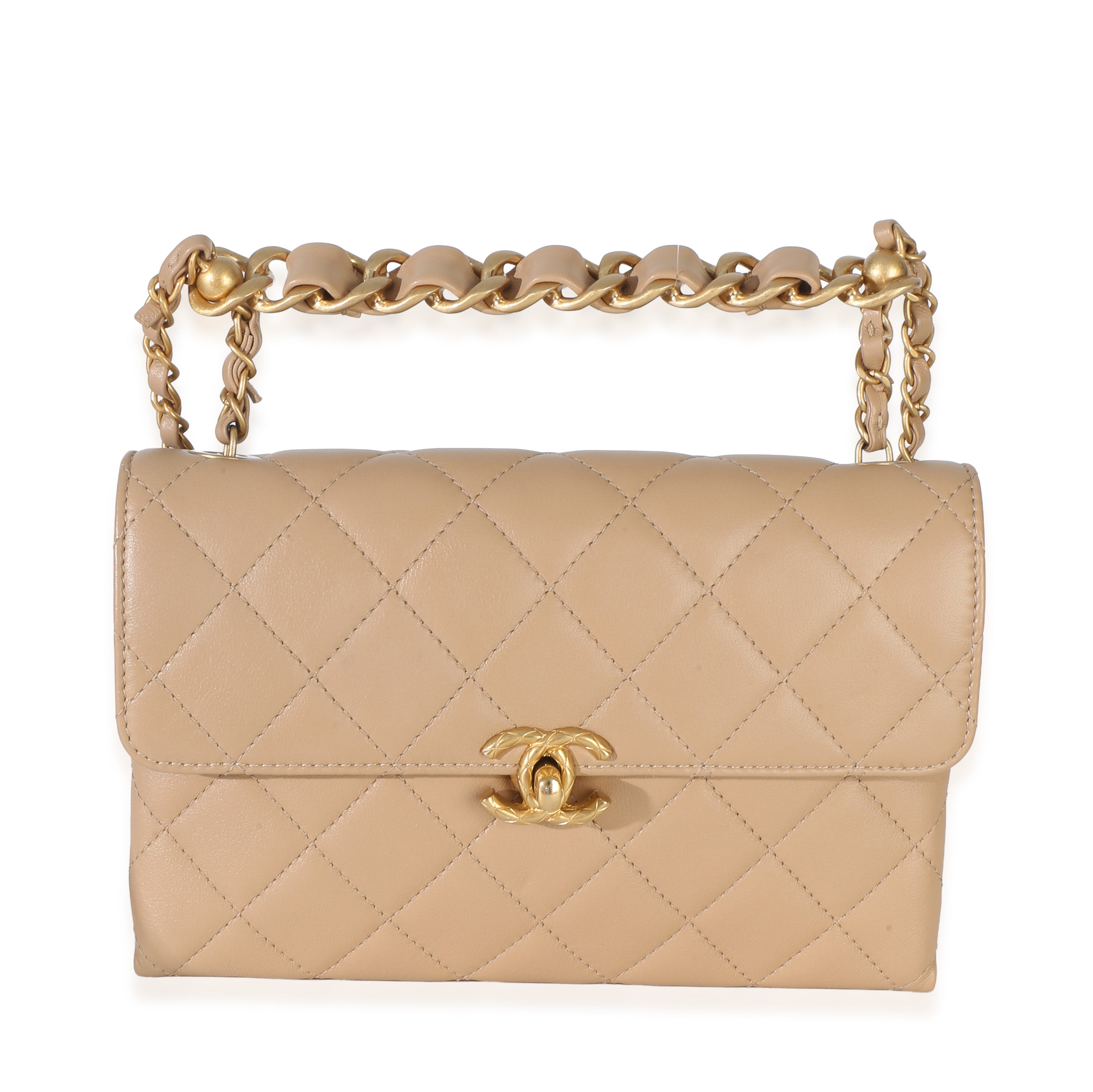 Beige Quilted Lambskin Chain Top Handle Small Flap Bag