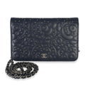 Blue Lambskin Camellia Studded Wallet on Chain