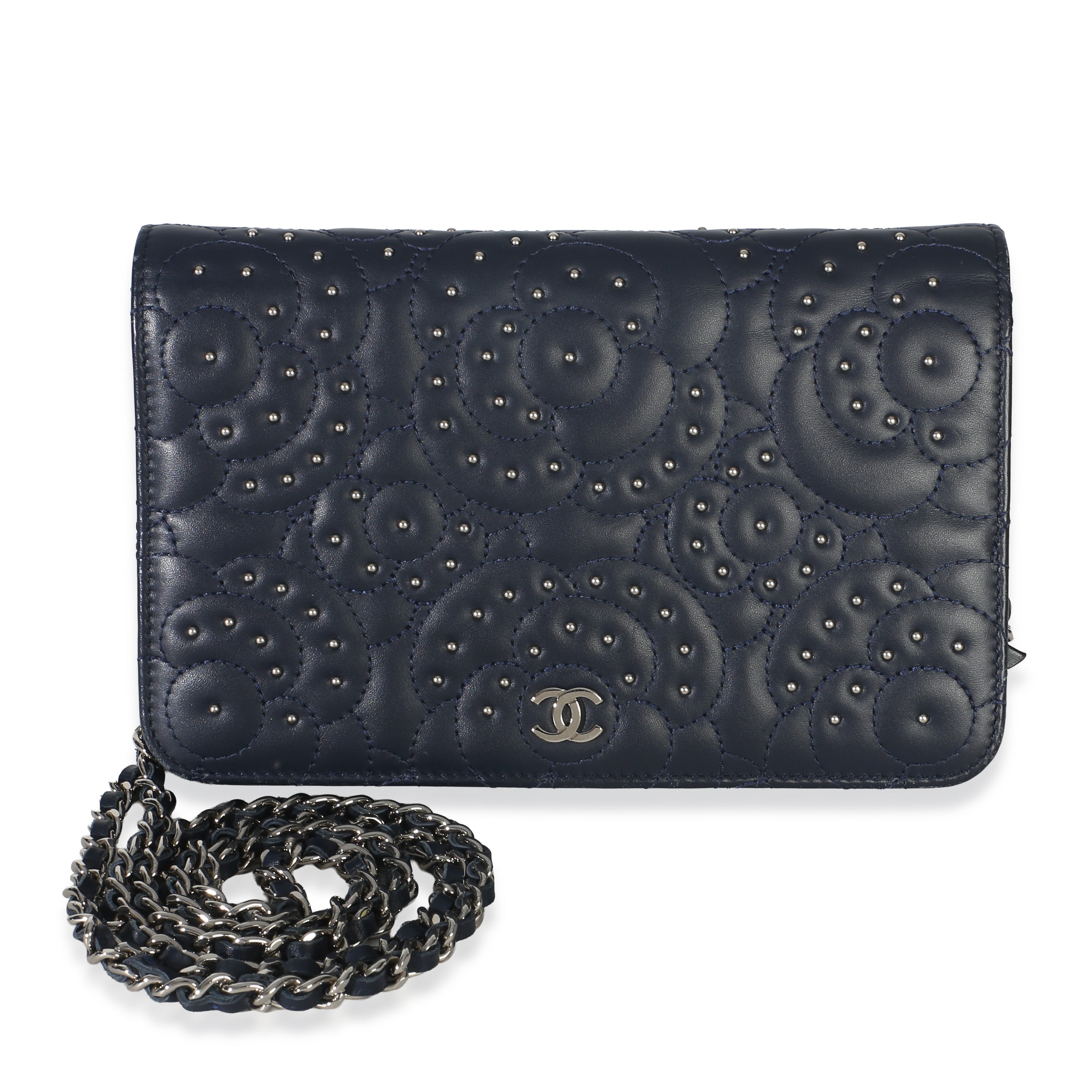 Blue Lambskin Camellia Studded Wallet on Chain