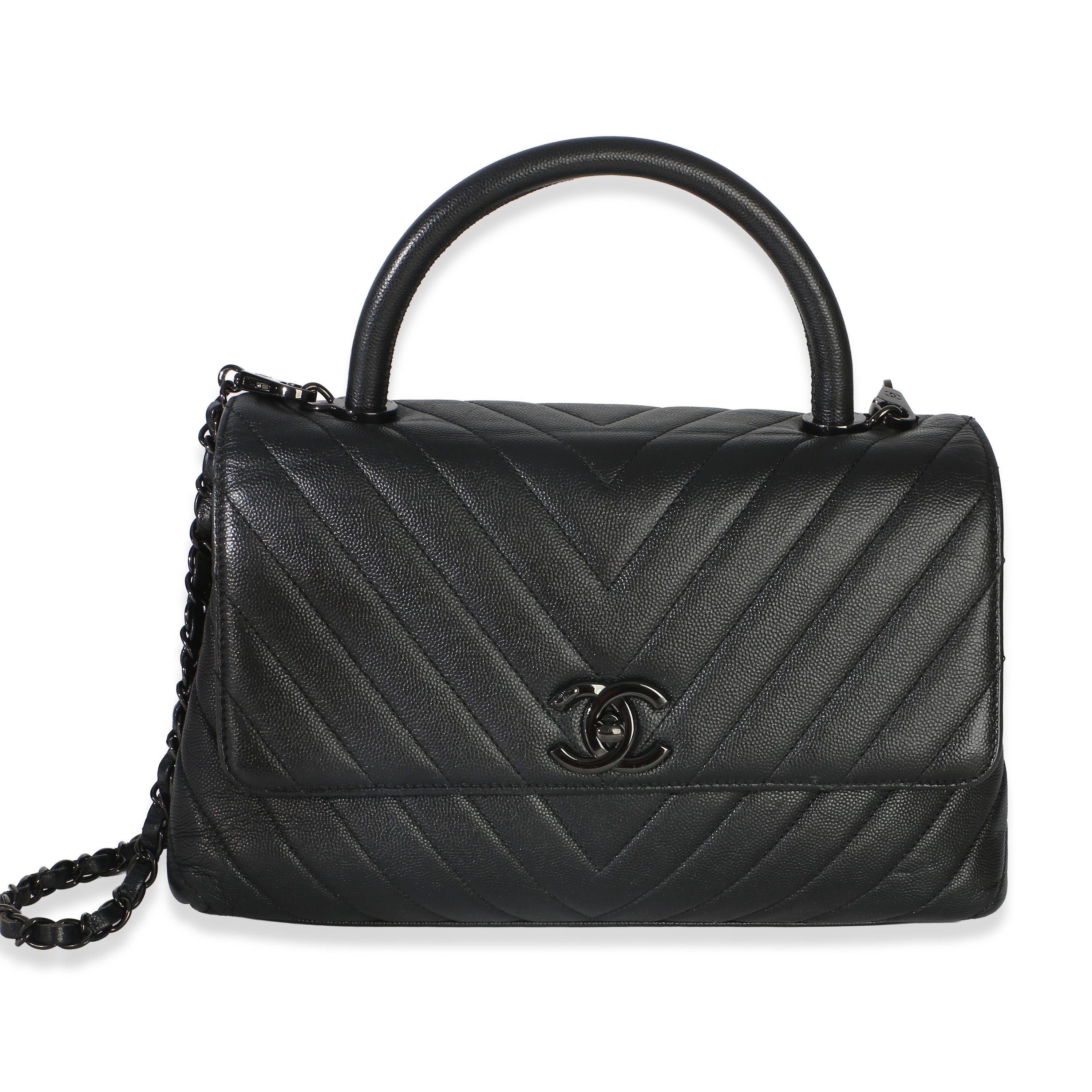 Black Caviar Chevron So Black Small Coco Top Handle Bag