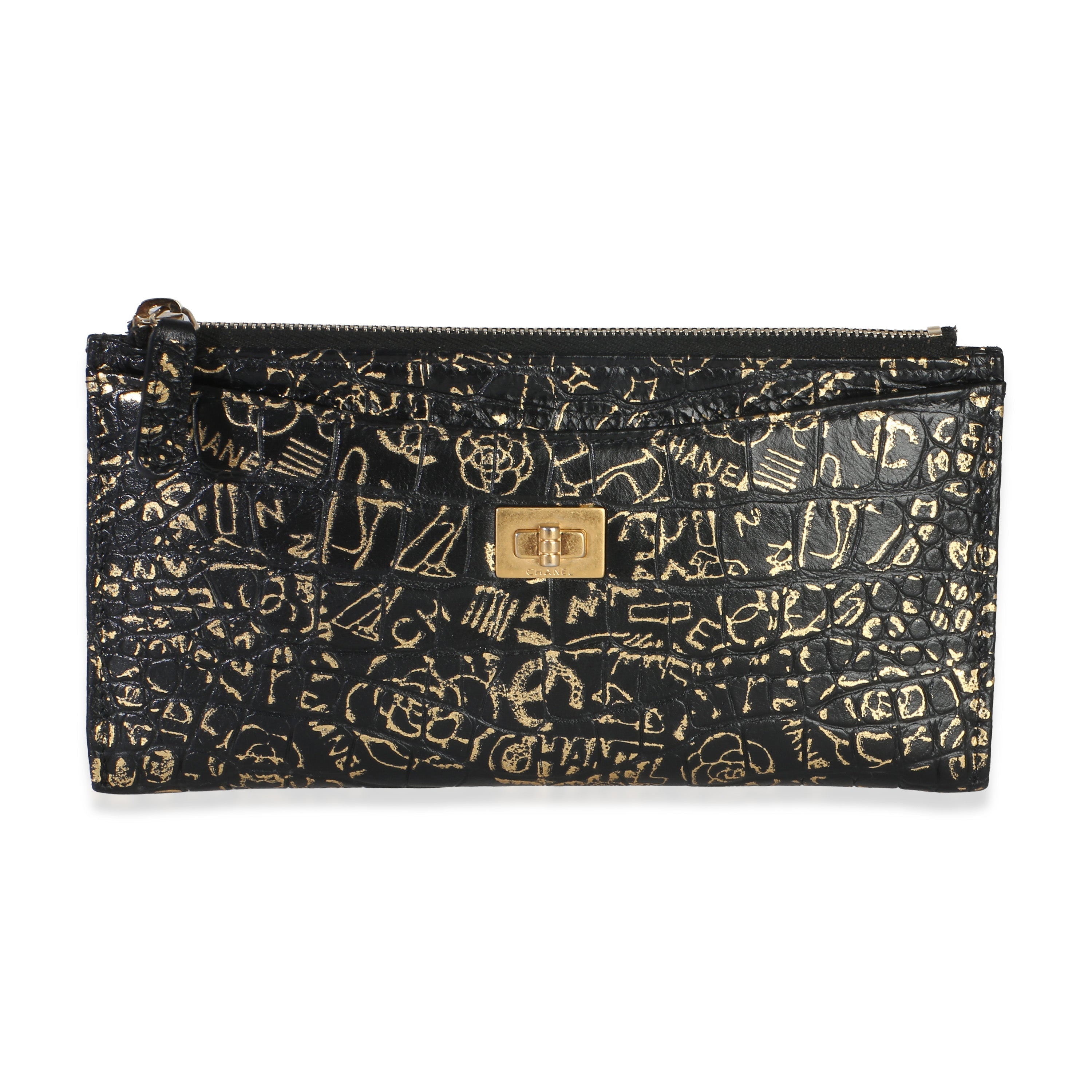 Black Gold Calfskin Crocodile Embossed Graffiti 2.55 Cocodile Reissue Zip