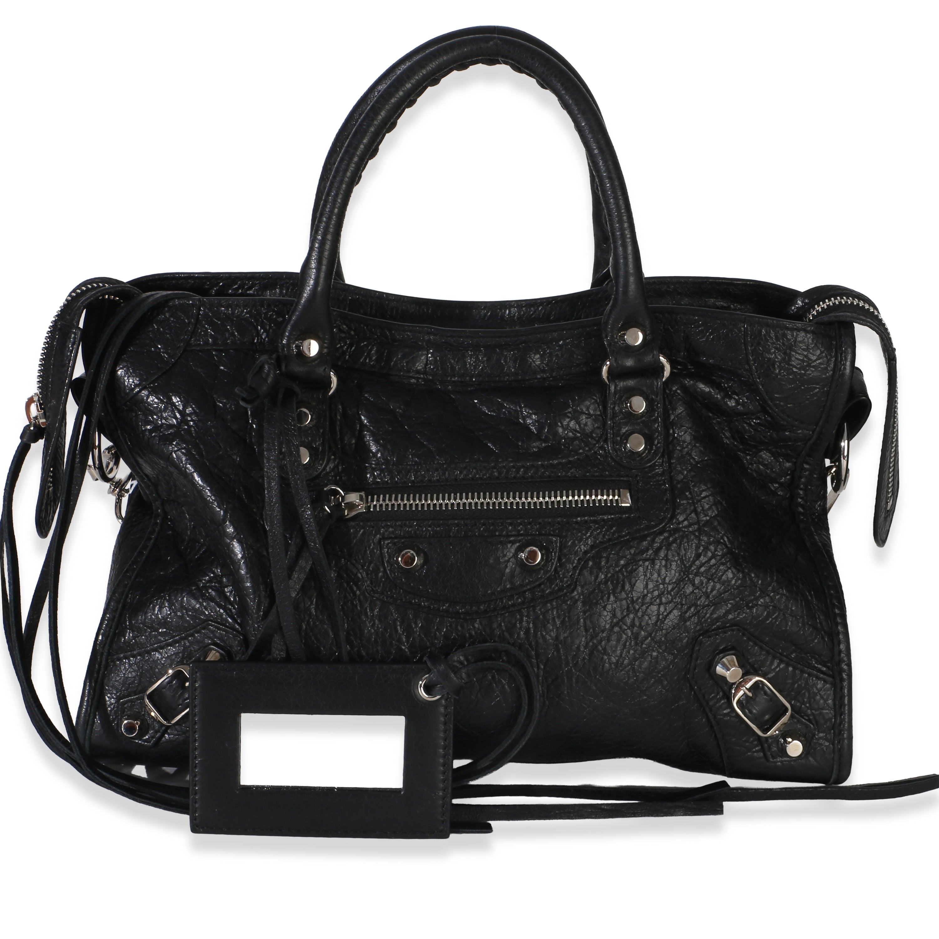 Black Agneau Silver Hardware Logo Strap City Bag