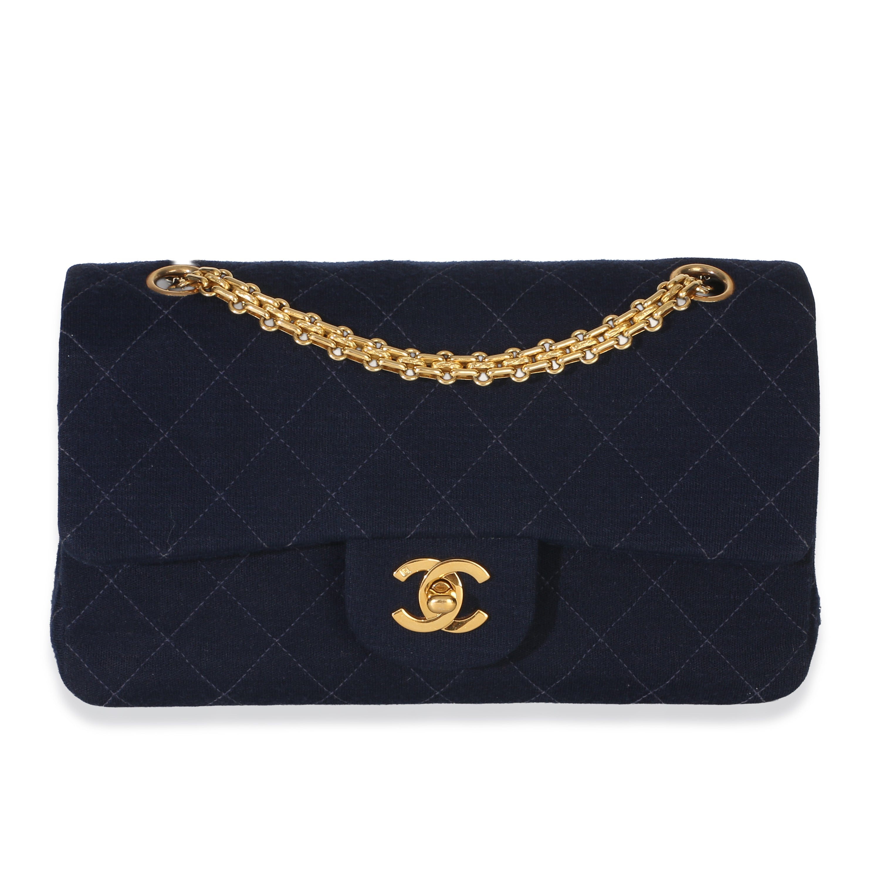 Vintage Dark Blue Quilted Jersey Small Bijoux Chain Double Flap Bag