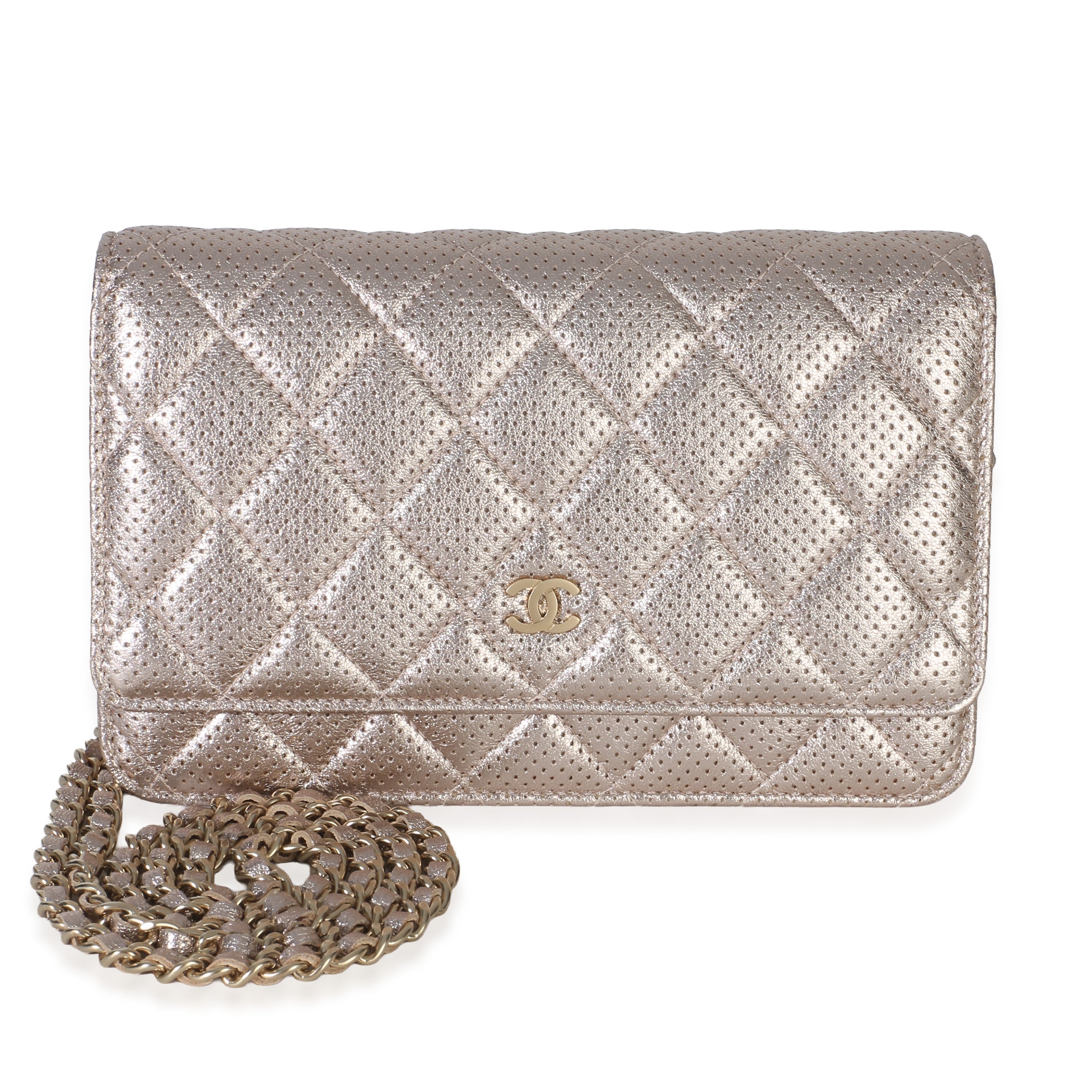 Metallic Quilted Perforated Lambskin Wallet On Chain