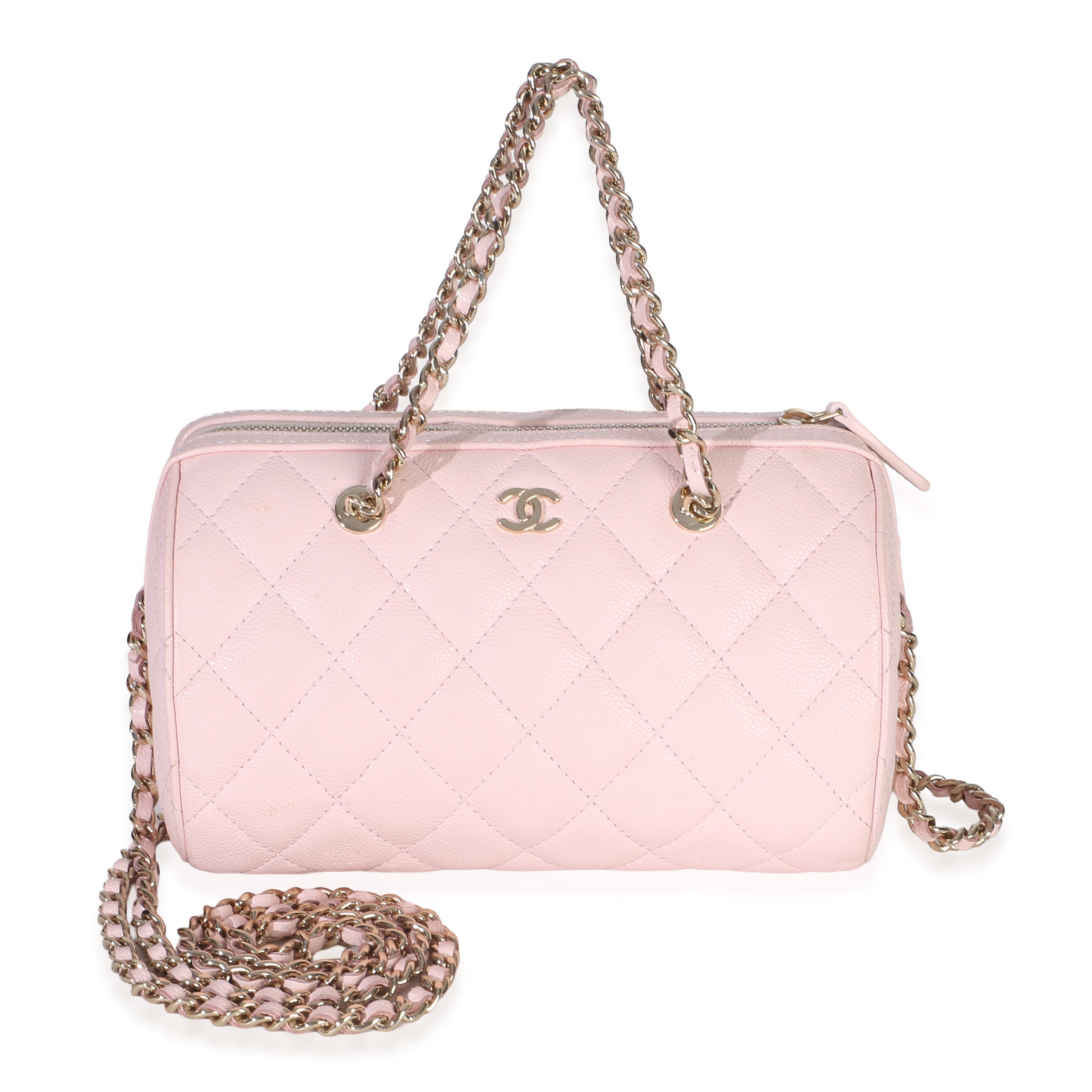 Pink Quilted Caviar Barrel Clutch With Chain
