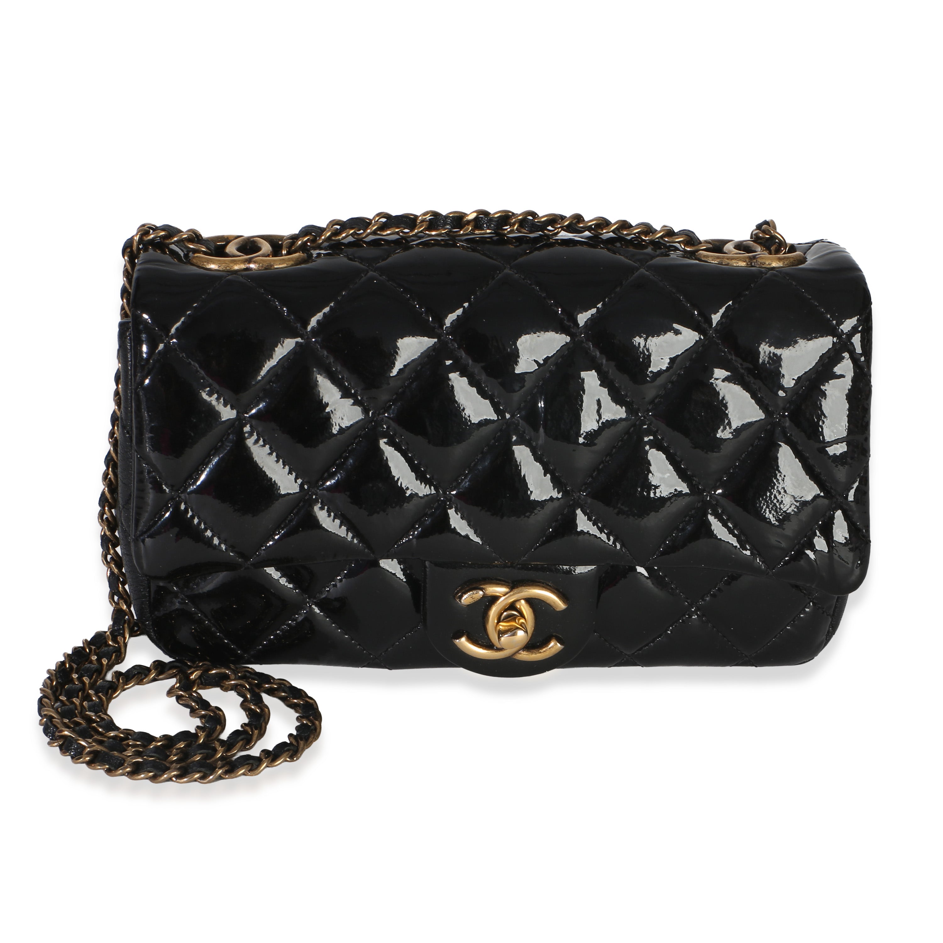 Black Quilted Patent Goatskin Small CC Eyelet Flap Bag