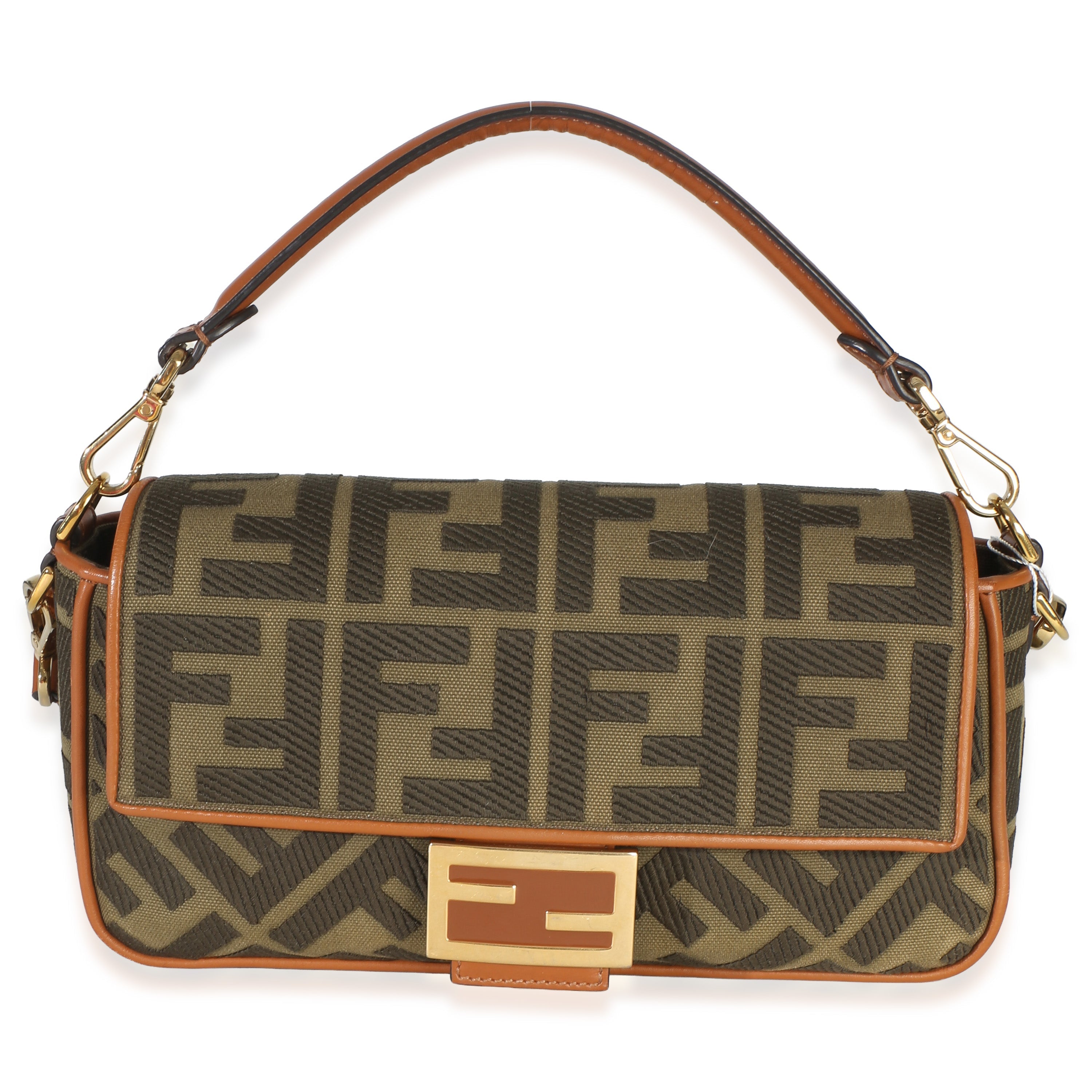 Green Tan FF Embroidery Canvas Medium Baguette Bag