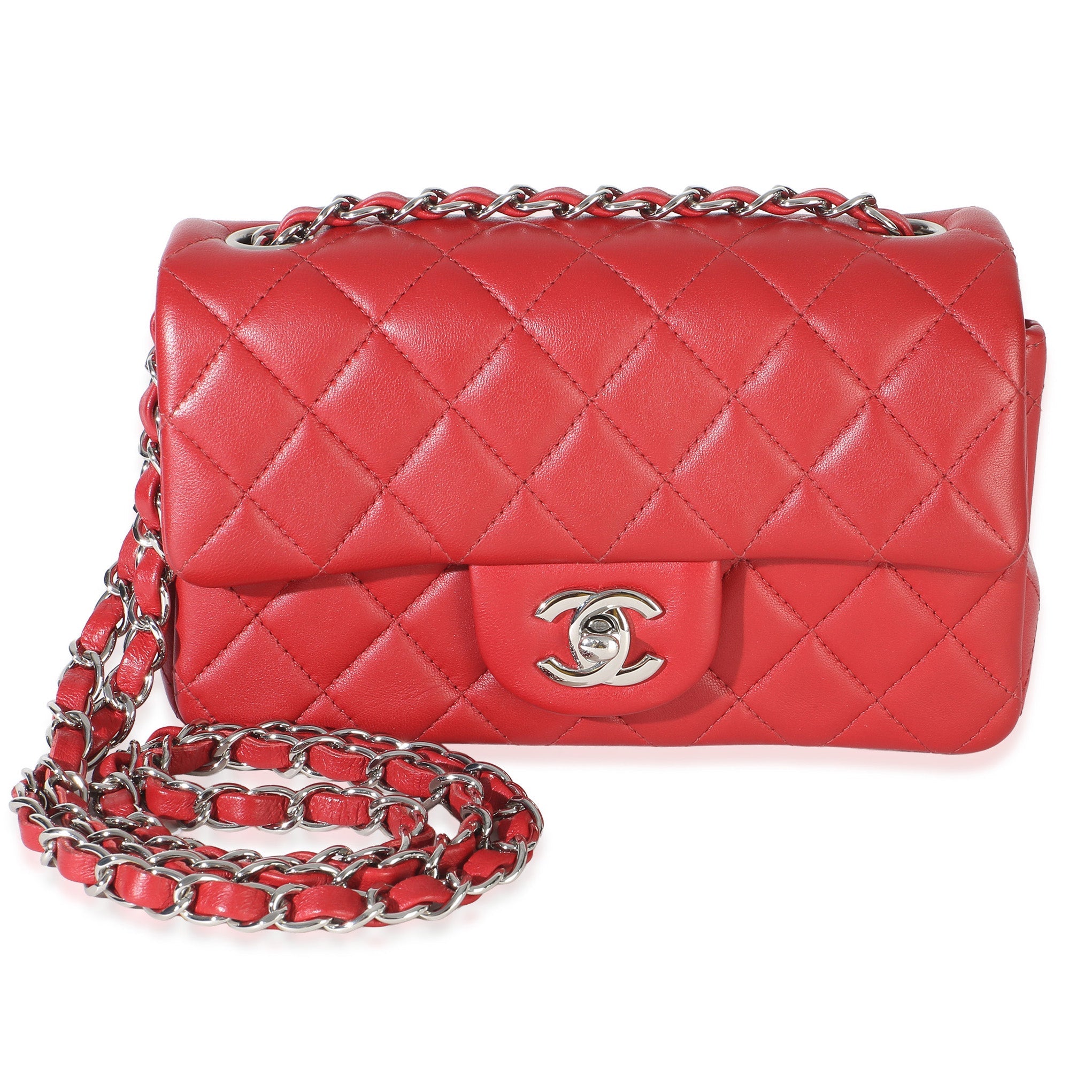 Red Quilted Lambskin Mini Rectangular Classic Flap Bag