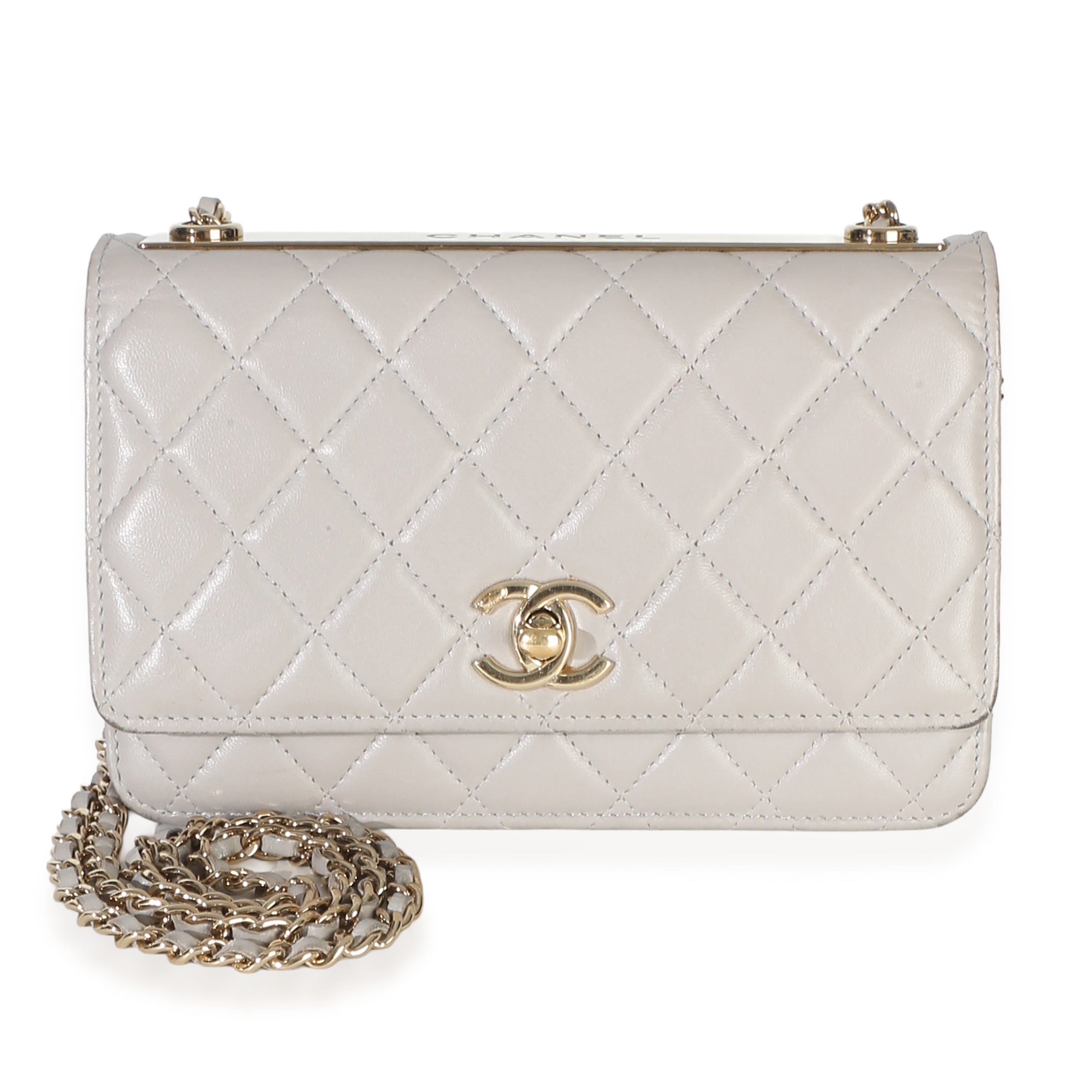 Light Grey Quilted Lambskin Trendy CC Wallet On Chain
