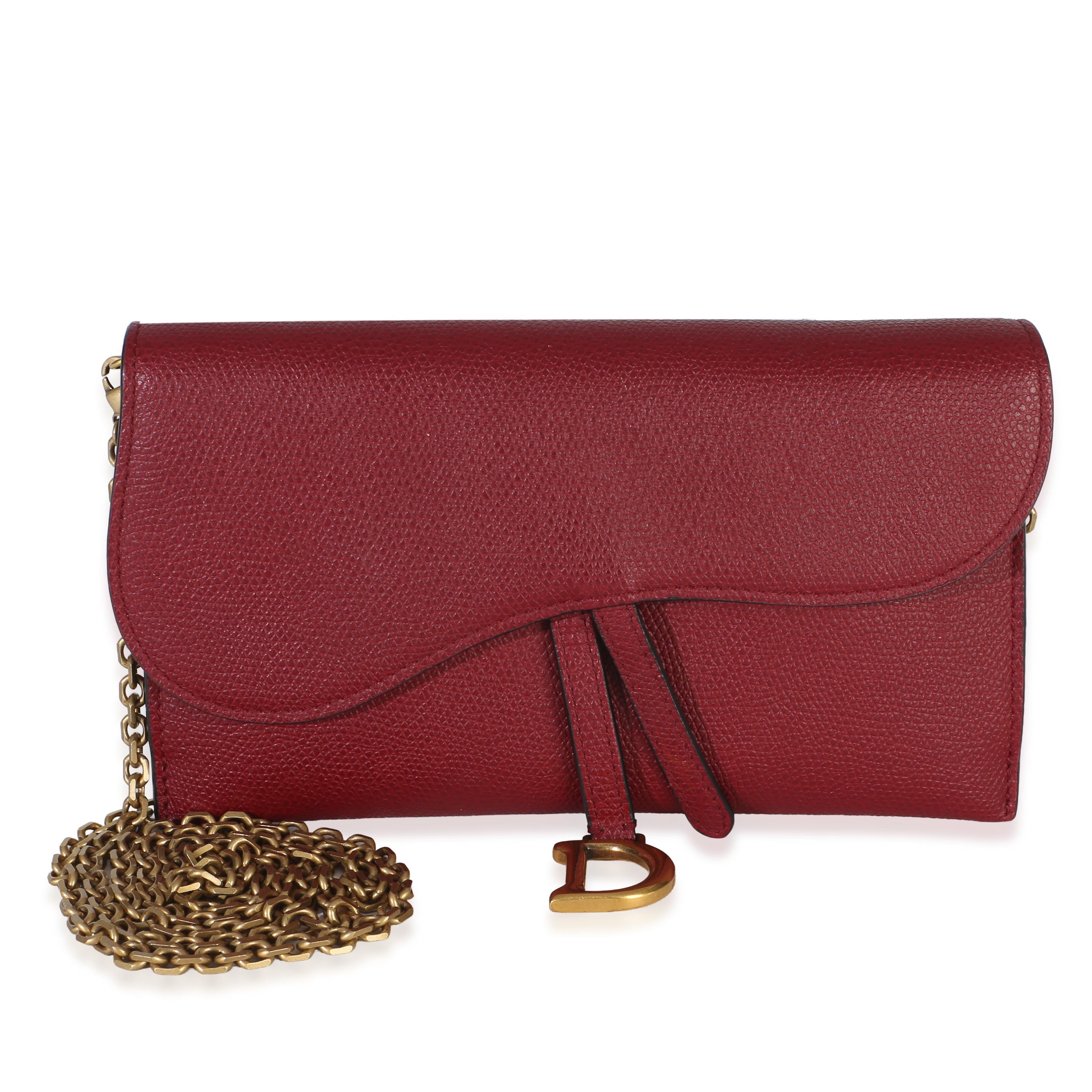 Red Grained Calfskin Saddle Chain Wallet Pouch