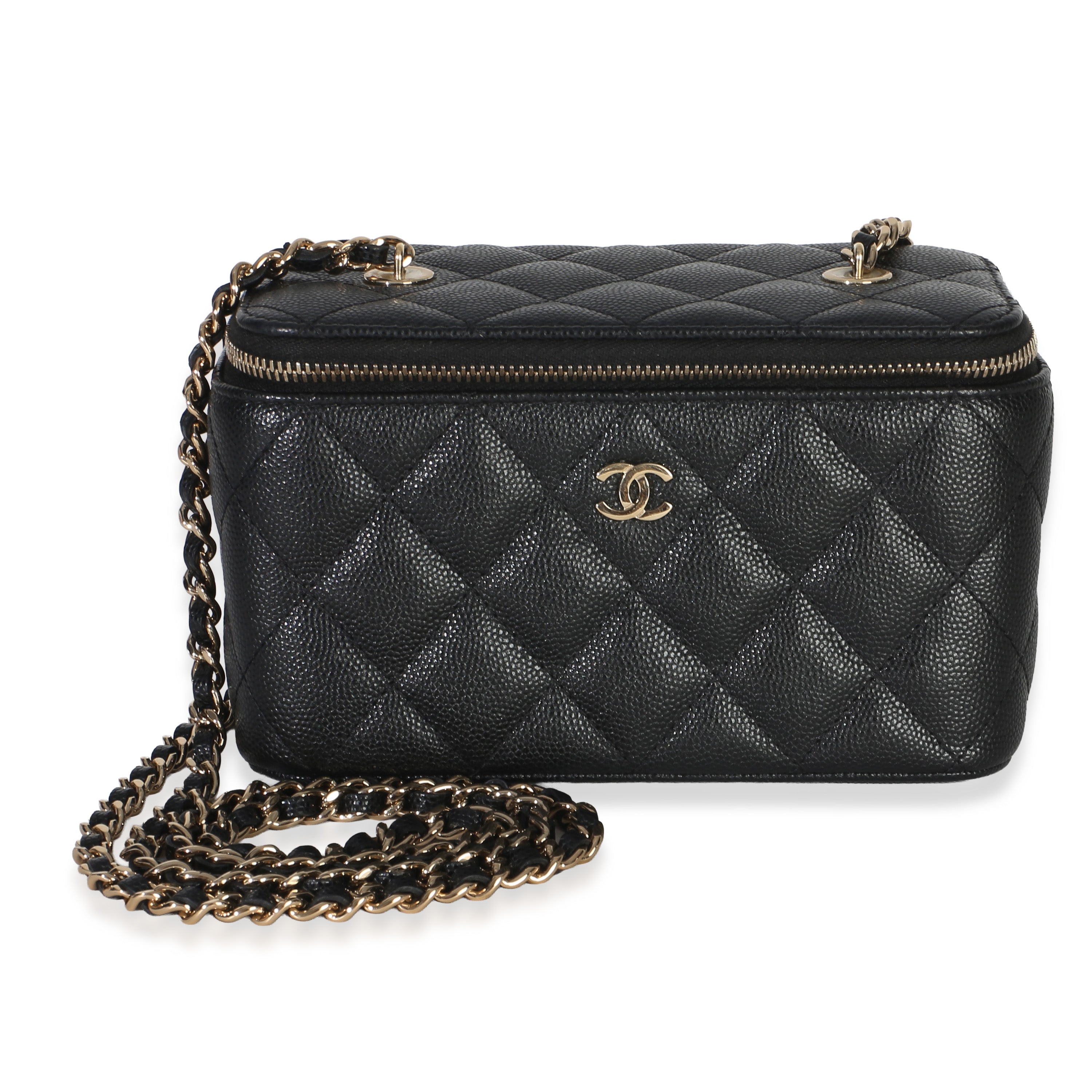 Black Quilted Caviar Small Vanity Case With Chain