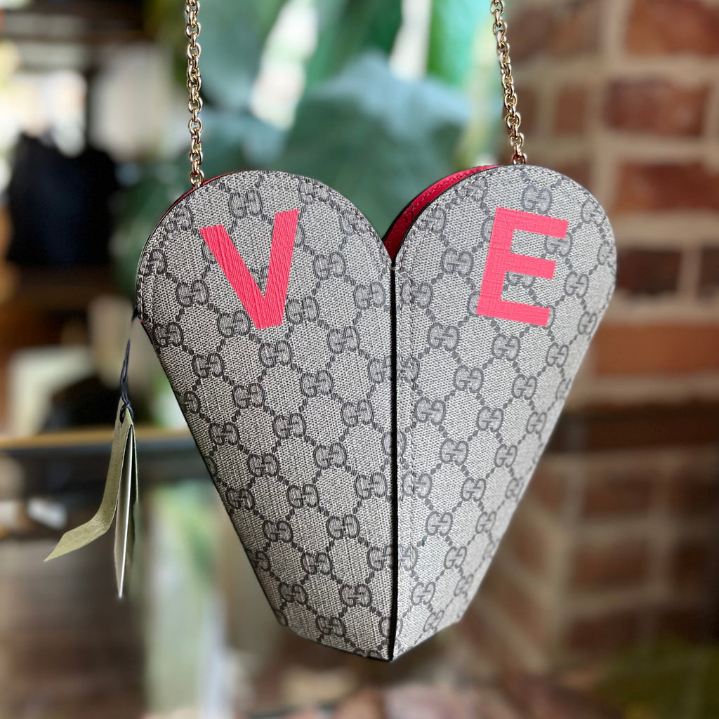 GUCCI Valentine's Day LOVE Heart Beige Ebony GG Coated Canvas Crossbody Bag