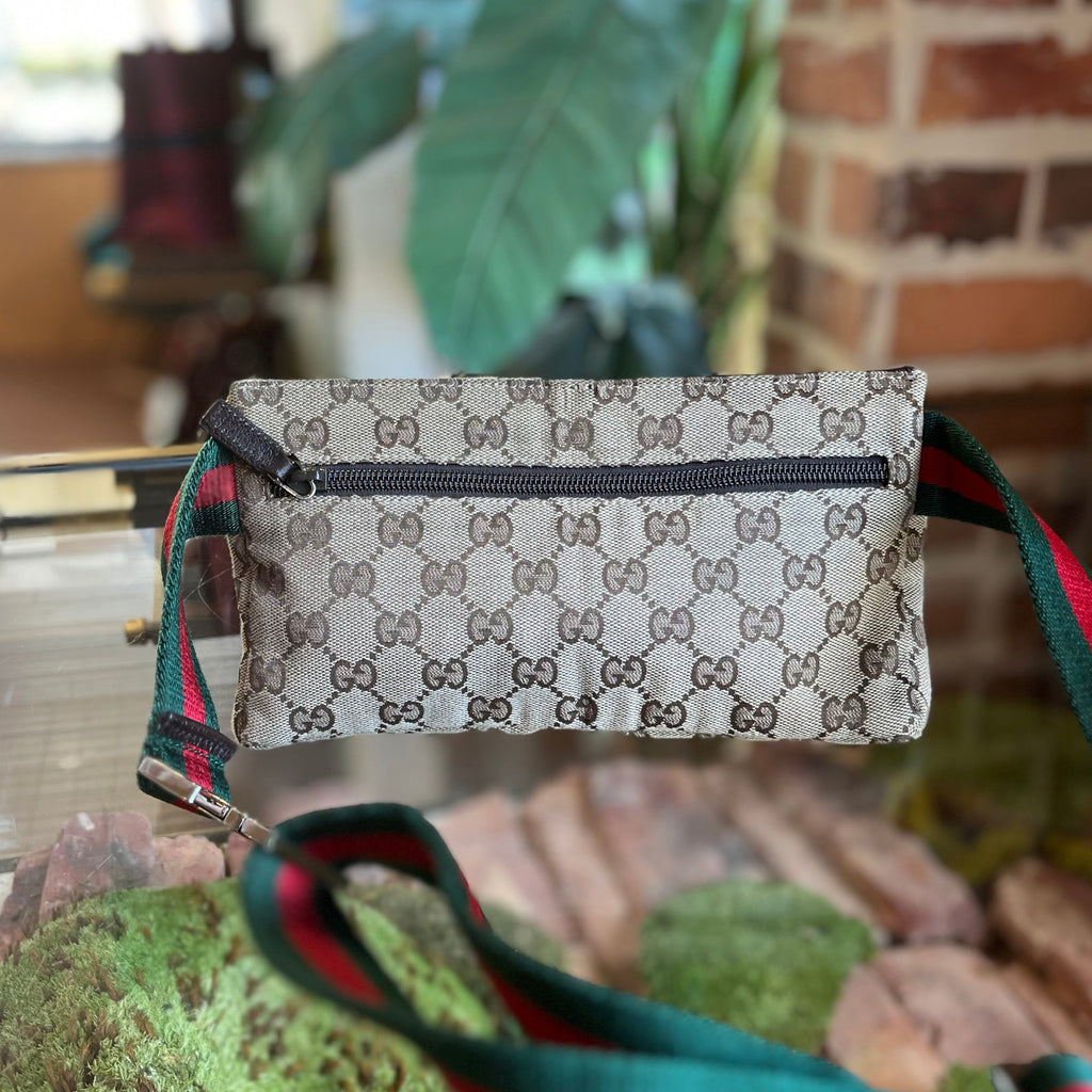 GUCCI Beige Brown GG Web Canvas Double Pocket Belt Bag