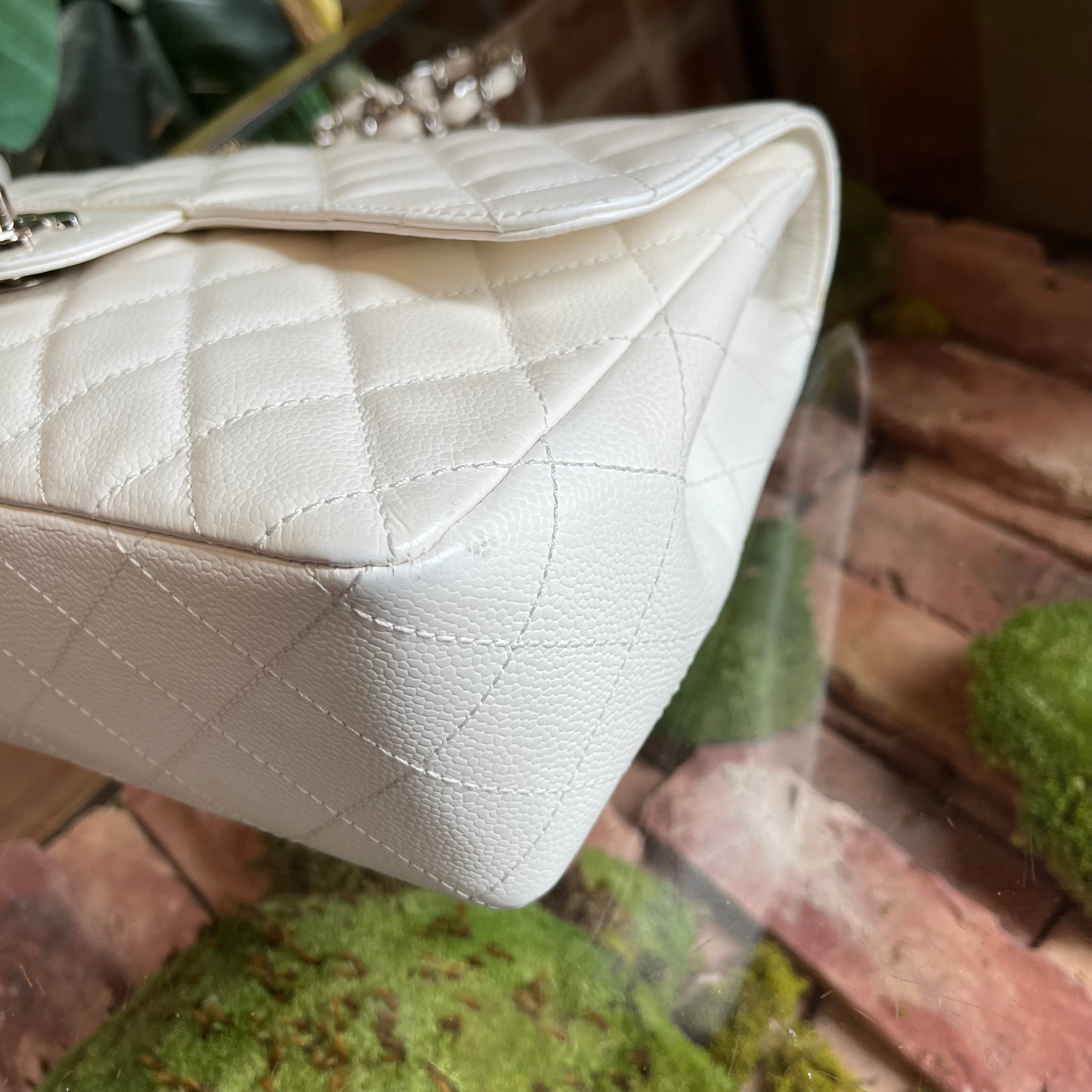 CHANEL White Caviar Jumbo Single Flap Shoulder Bag