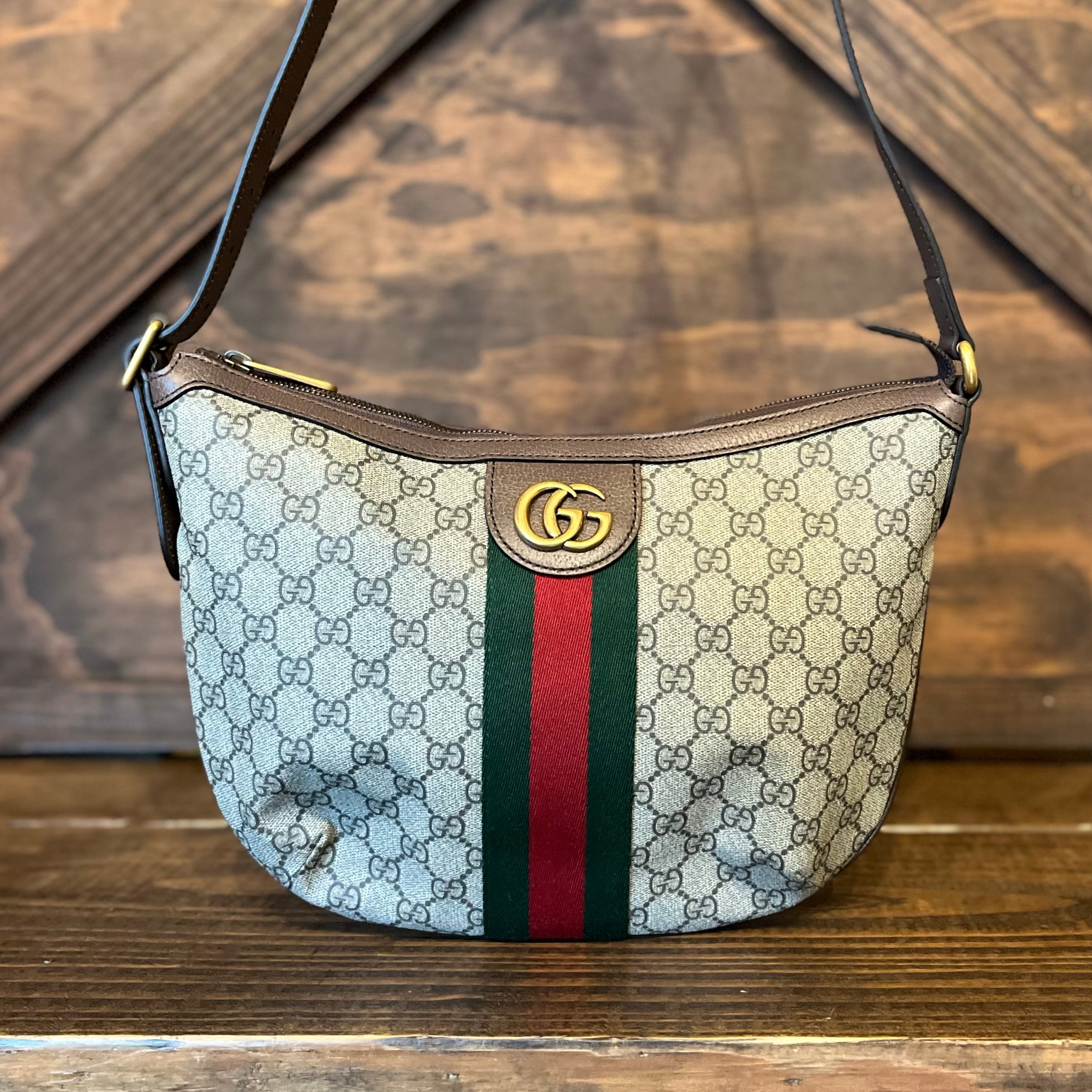 GUCCI Ophidia Half Moon Hobo Beige Ebony GG Coated Canvas Shoulder Bag