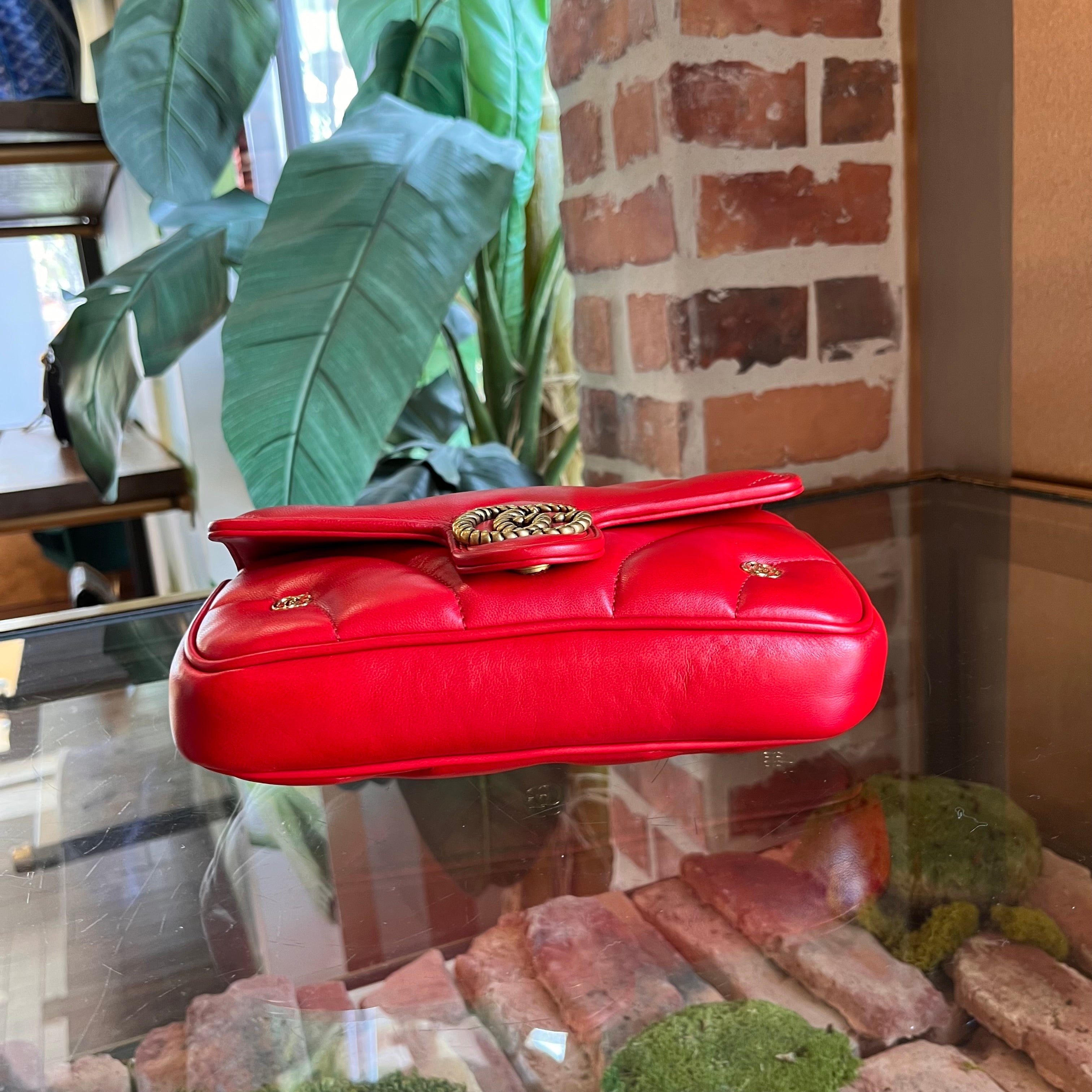 GUCCI GG Marmont Mini Red Matelassé Double G Studs Torchon Shoulder Bag
