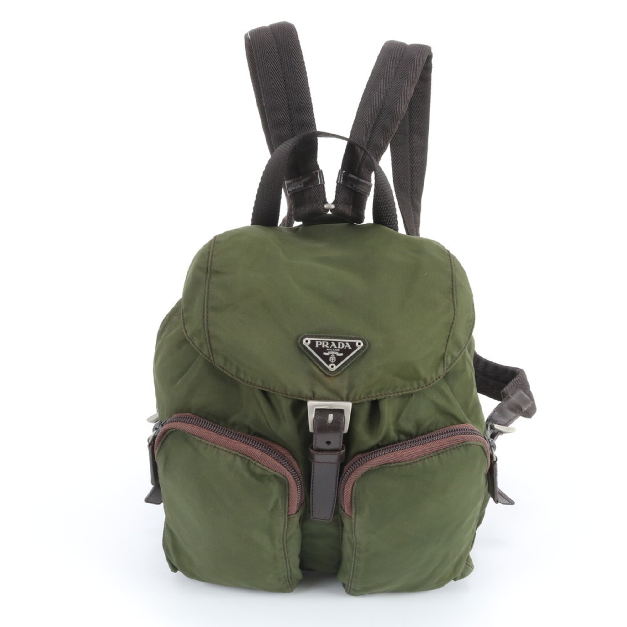 Prada Brown Green Nylon Leather Backpack (Pre-Owned)